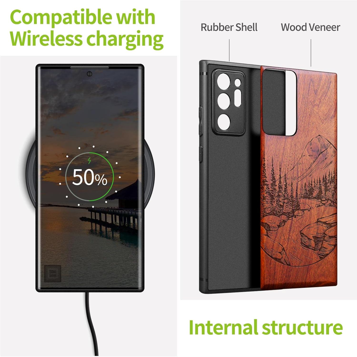 Carveit Wood Case for Galaxy Note20 Ultra Case [Hard Real Wood & Black Soft TPU] Protective Unique Wooden Cover Compatible with Samsung Note20 Ultra (Natural Landscape-Rosy)