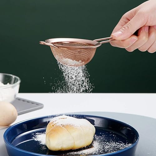 Miniatura 9 de Kyraton Juego de 3 piezas de colador de malla fina de oro rosa, tamiz de harina de cobre para hornear, clandro de acero inoxidable, colador de té