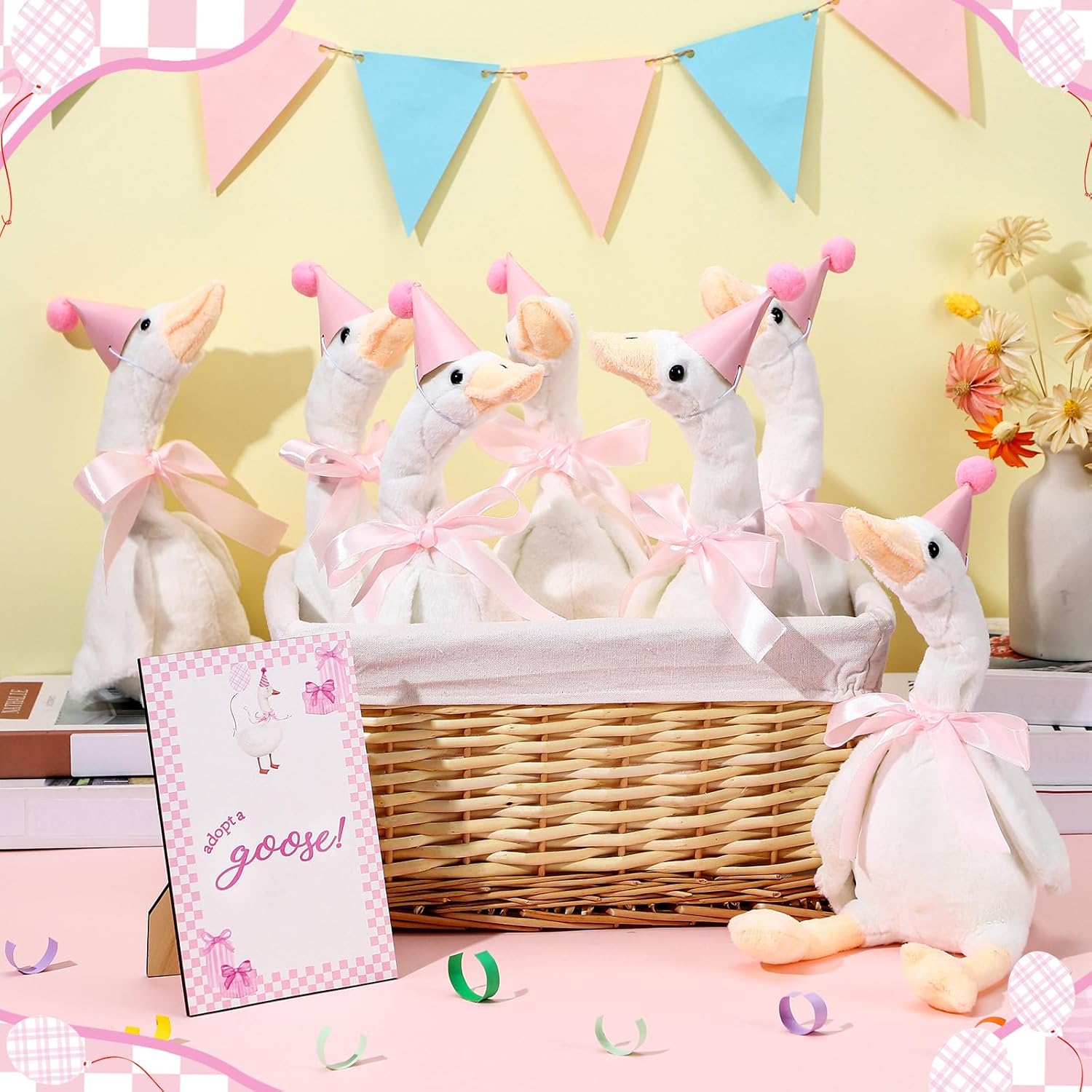 8 Sets One Silly Goose Birthday Decoration 15.7 Inch Soft Silly Goose Stuffed Animal Hat with Wood Table Decor for Birthday Party Decoration