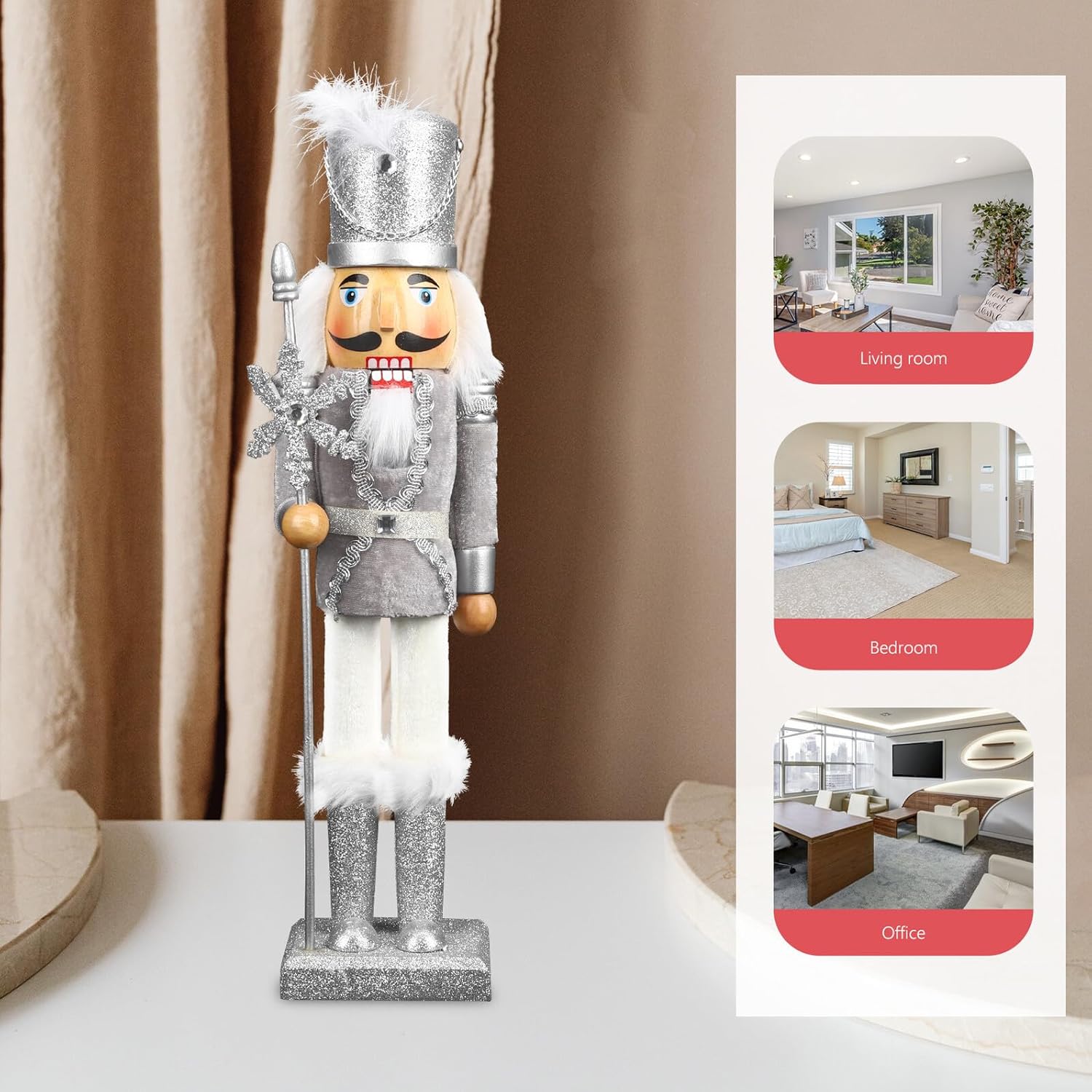 38cm Silver Snowflake King Nutcracker Christmas Decor, Wooden Nutcracker Figurine for Holiday Tabletop and Home Display, Unique Desktop Xmas Ornament Craft