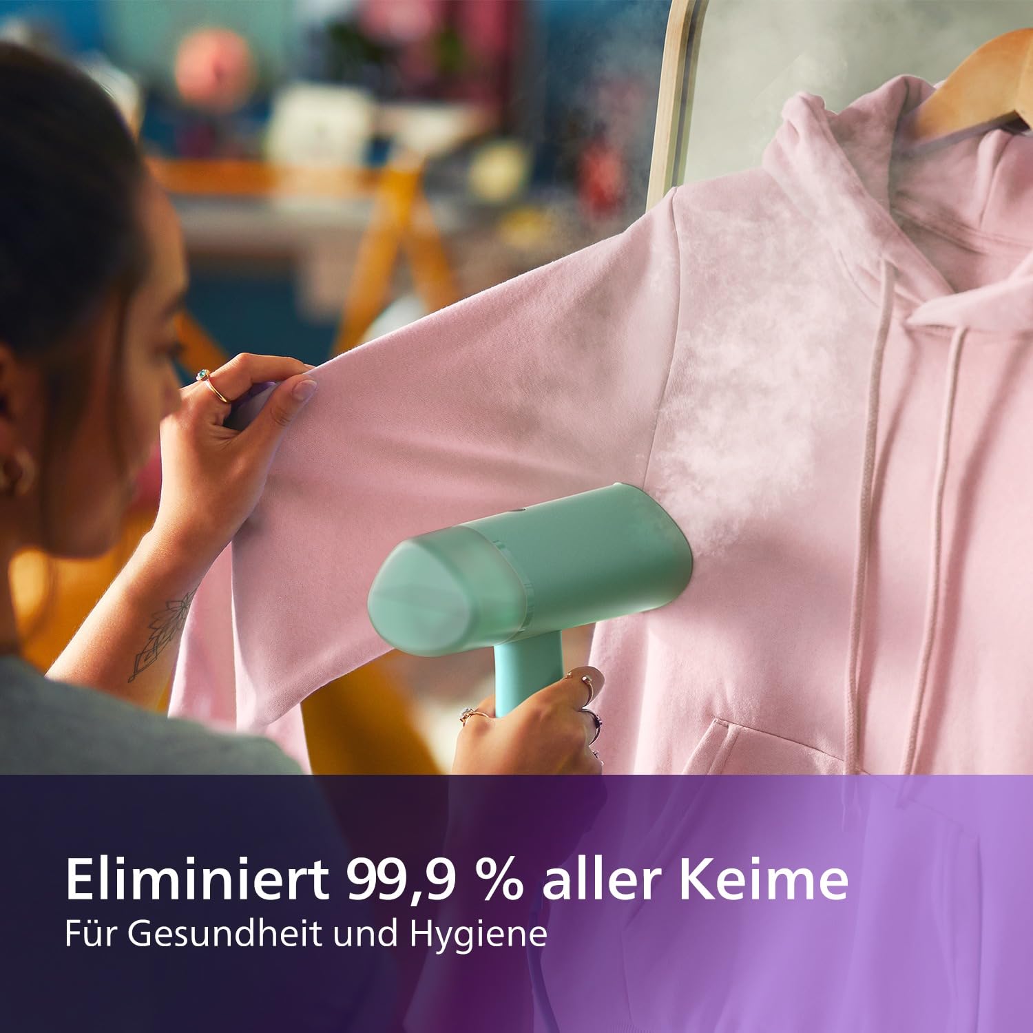 Philips 3000-Serie Tragbarer Dampfglätter - 1000 W, Kompakt und Faltbar, 100ml Wassertank konstante Dampfleistung 20 g/min, Kein Bügelbrett erforderlich, Grün (STH3010/70)