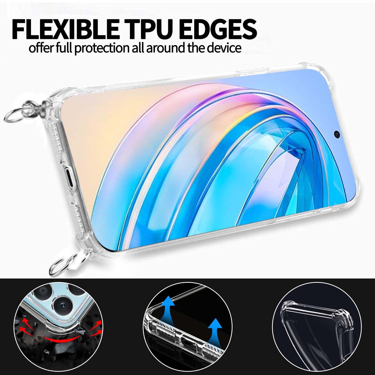 Coque Avec Lanière Pour Honor 200 Pro ANFAIRLACE - Transparente, Anti-choc TPU, Cordon Réglable - Noir