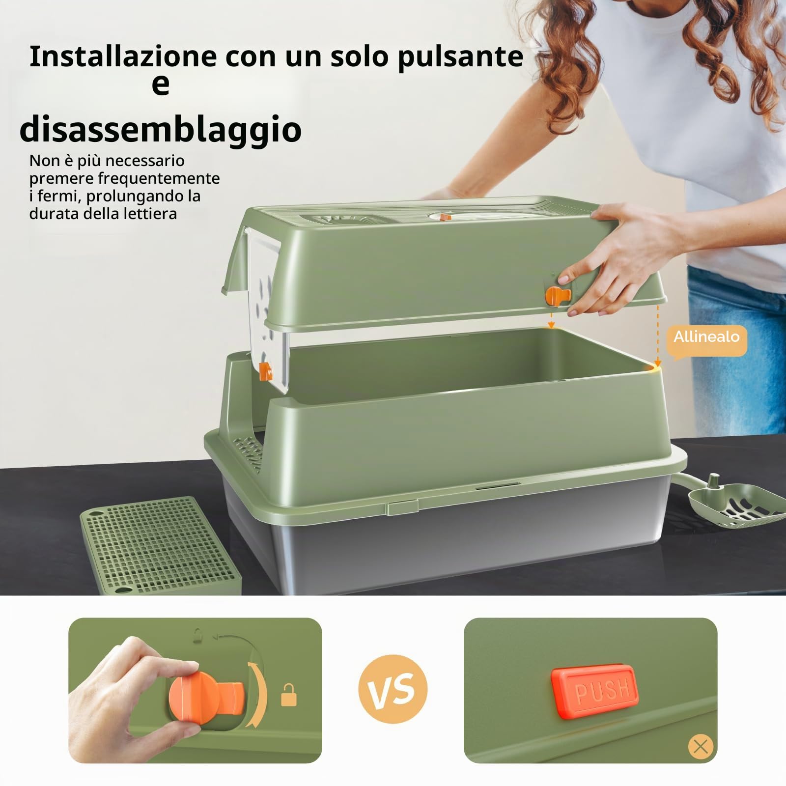Lettiera per Gatti in Acciaio Inox, Lettiera Gatto Chiusa XXL, 60 x 40 x 39 cm Toilette per Gatti Grande XL con Pala, Cassette igieniche per gatto, Doppio Strato Opaco - Verde