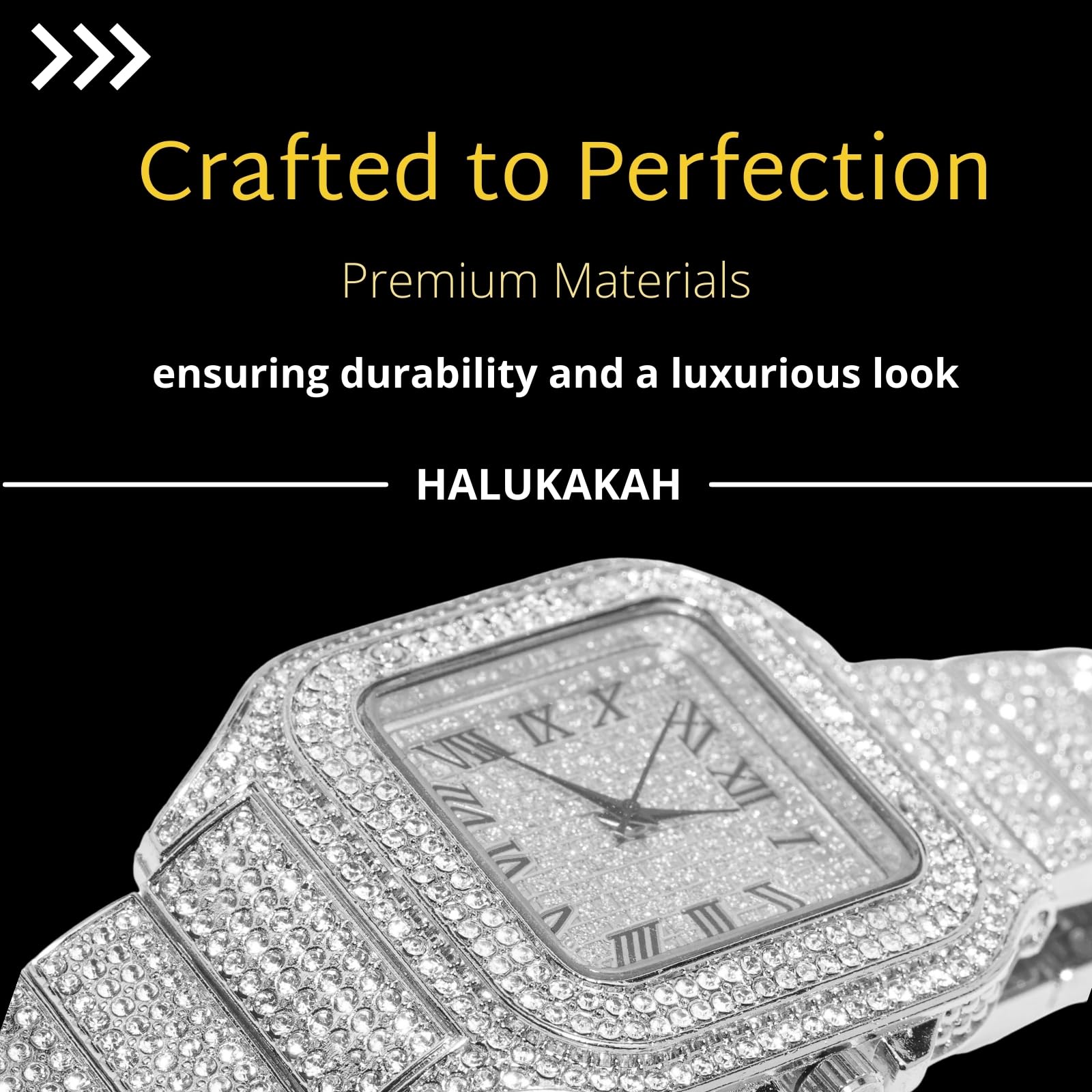 HALUKAKAH Iced Out Diamond Watch dla nastolatków - pozłacany 18-karatowym złotem / platyną, kwadratowa tarcza 40 mm, długość 20 cm, opcjonalnie z łańcuszkiem kubańskim i narzędziem do regulacji