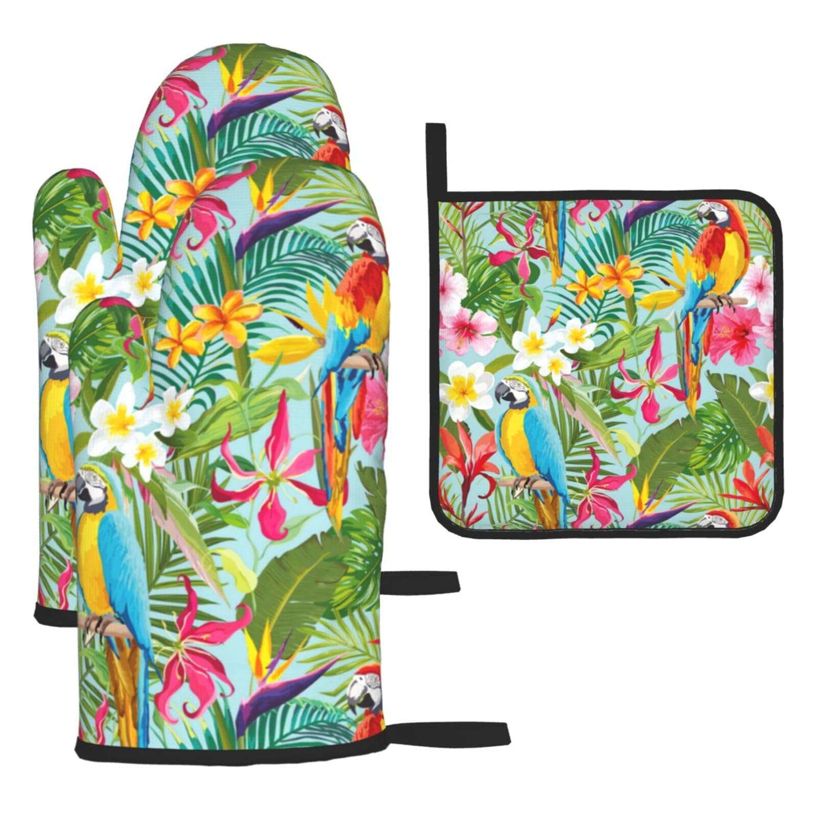 Tropical plants and parrots Print Oven Mitts and Potholders BBQ Gloves-Oven Mitts and Pot Holders for Cooking Baking