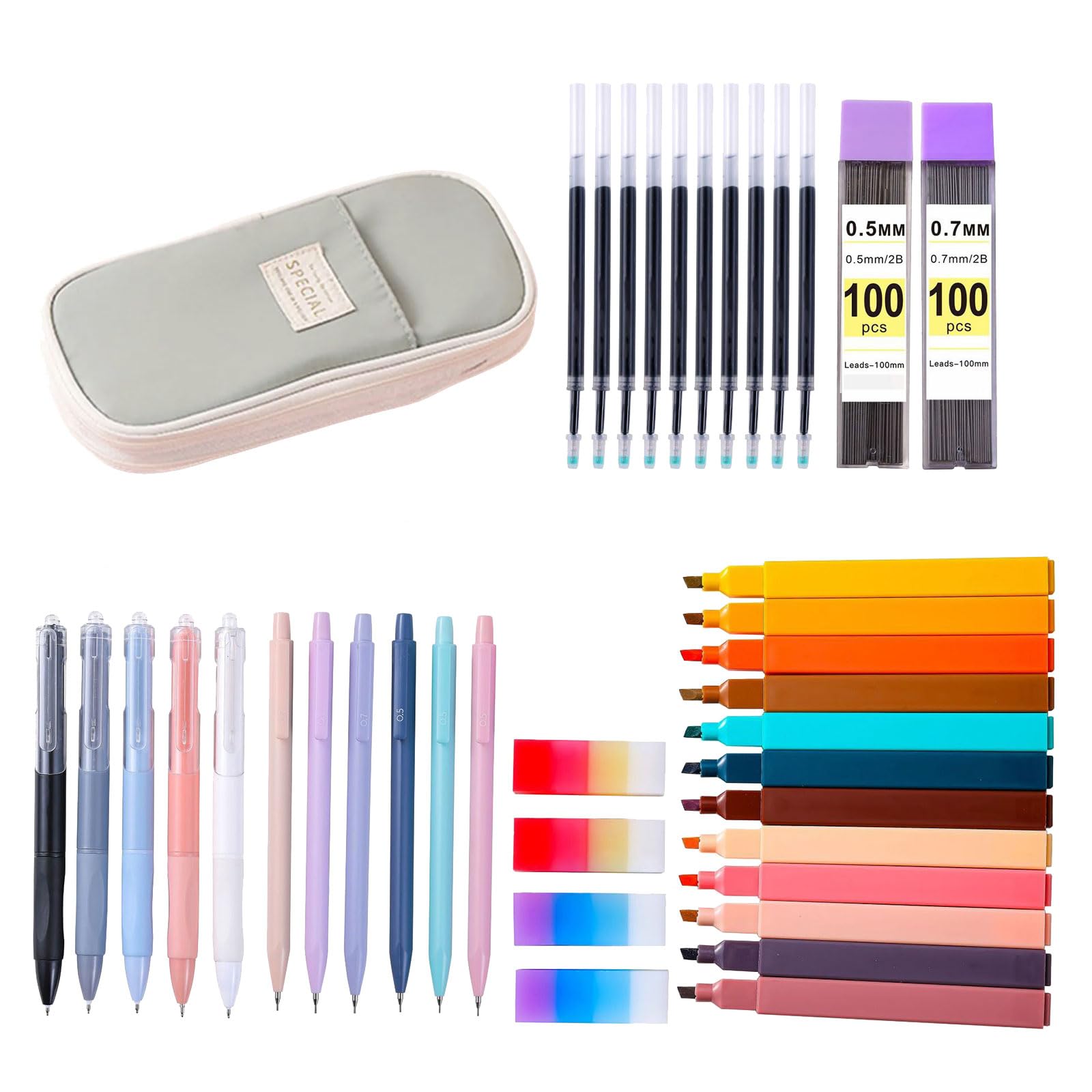 Ensemble d'accessoires scolaires - Fournitures de papeterie pour étudiants et artistes - Trousse à crayons - Surligneurs - Fournitures cadeau avec trousse à crayons et stylo gel pour étudiants