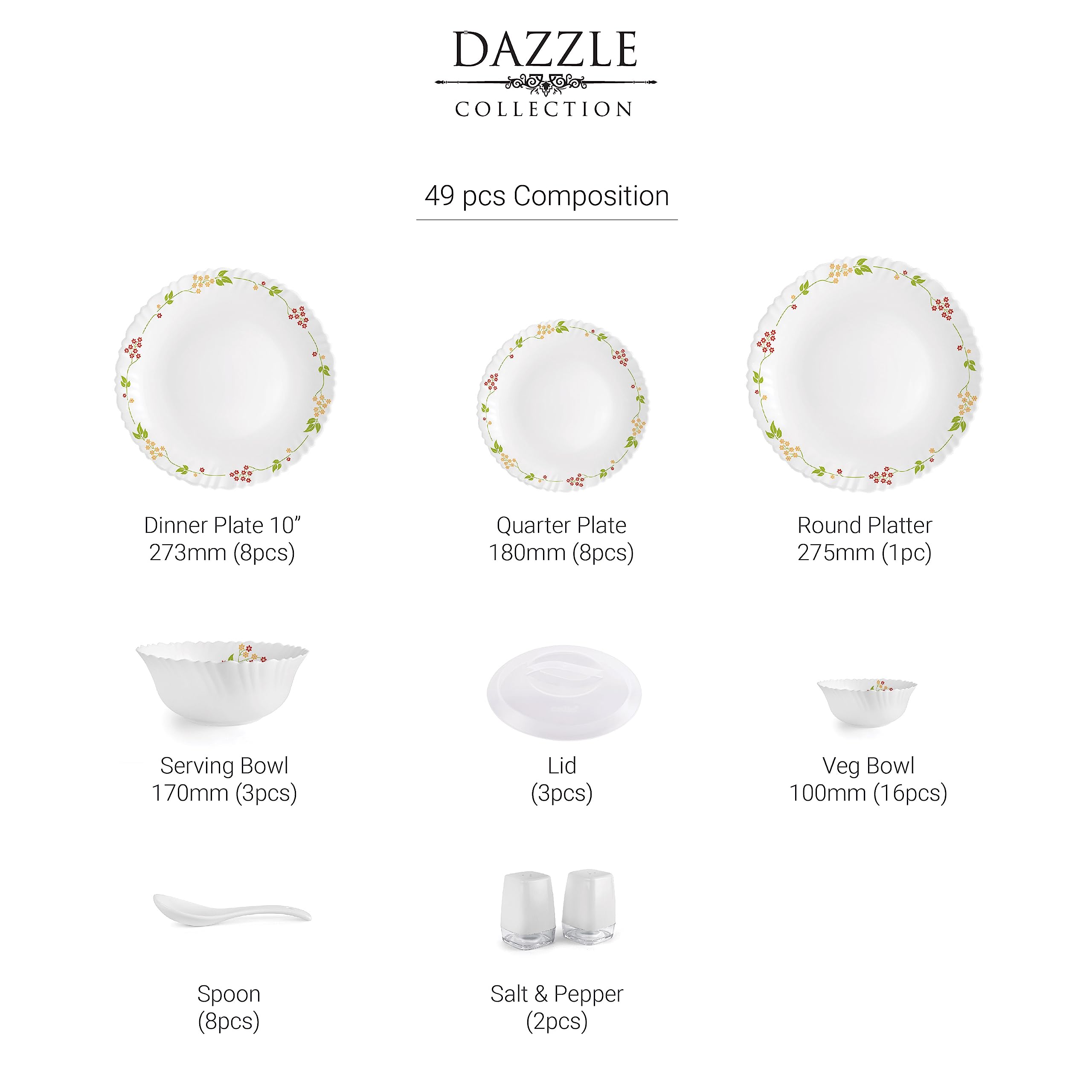 Cello Opalware Dazzle Series Secret Garden Dinner Set, 49Pcs | Opal Glass Dinner Set for 8 | Light-Weight, Daily Use Crockery Set for Dining | White Plate and Bowl Set 3