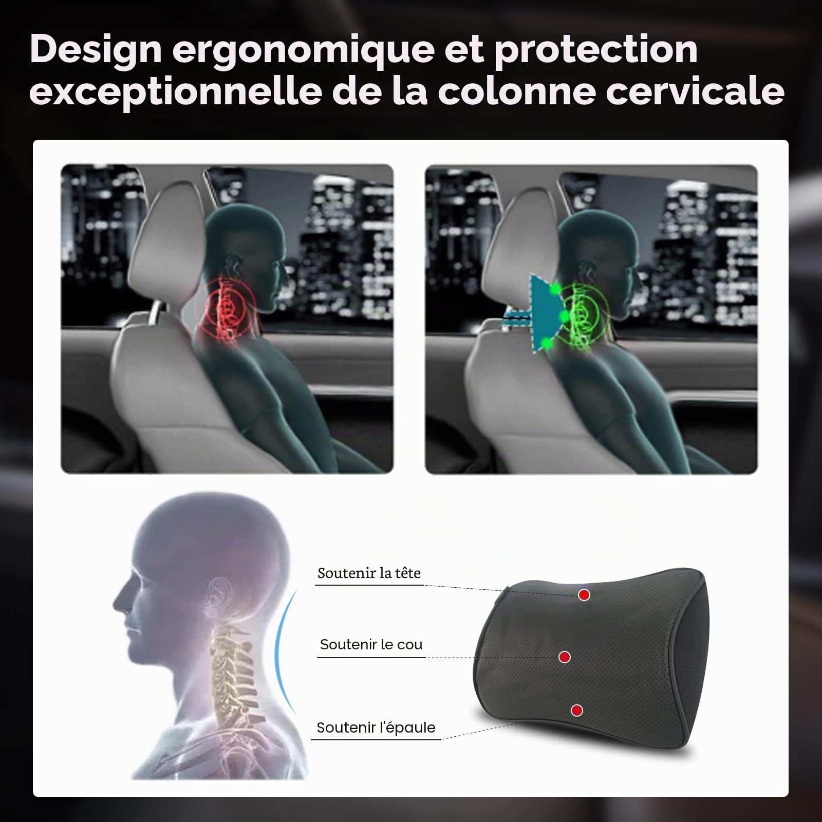Set de 2 oreillers d'appui - tête de Voiture en Cuir véritable Souple pour Le Soutien du Cou oreillers de Voiture en Mousse à mémoire de Forme pour Aider à soulager Les douleurs au Cou, Noir