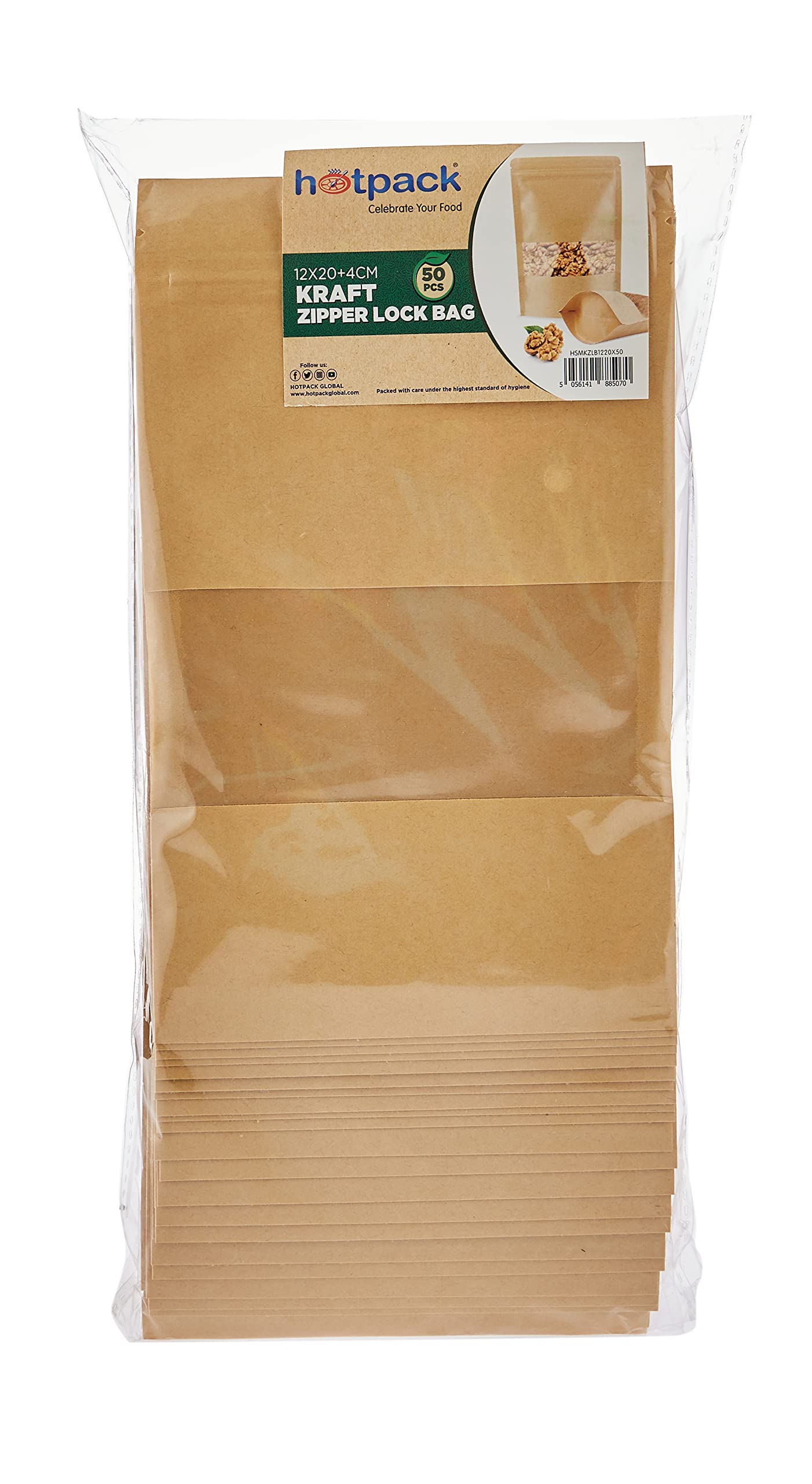 Hotpack Disposable Kraft Resealable Paper Zipper Lock Food Bag 10x15+3cm, 50 Pieces