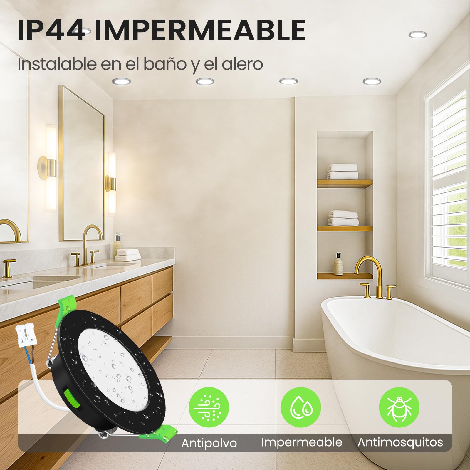 ALUSSO LIGHTING Foco LED empotrable regulable, 5 W, 460 lúmenes, foco de cuarto de baño, IP44, 3CCT 3000 K, 4000 K, 6500 K, temperatura de color ajustable, foco para cuarto de baño, sala de estar