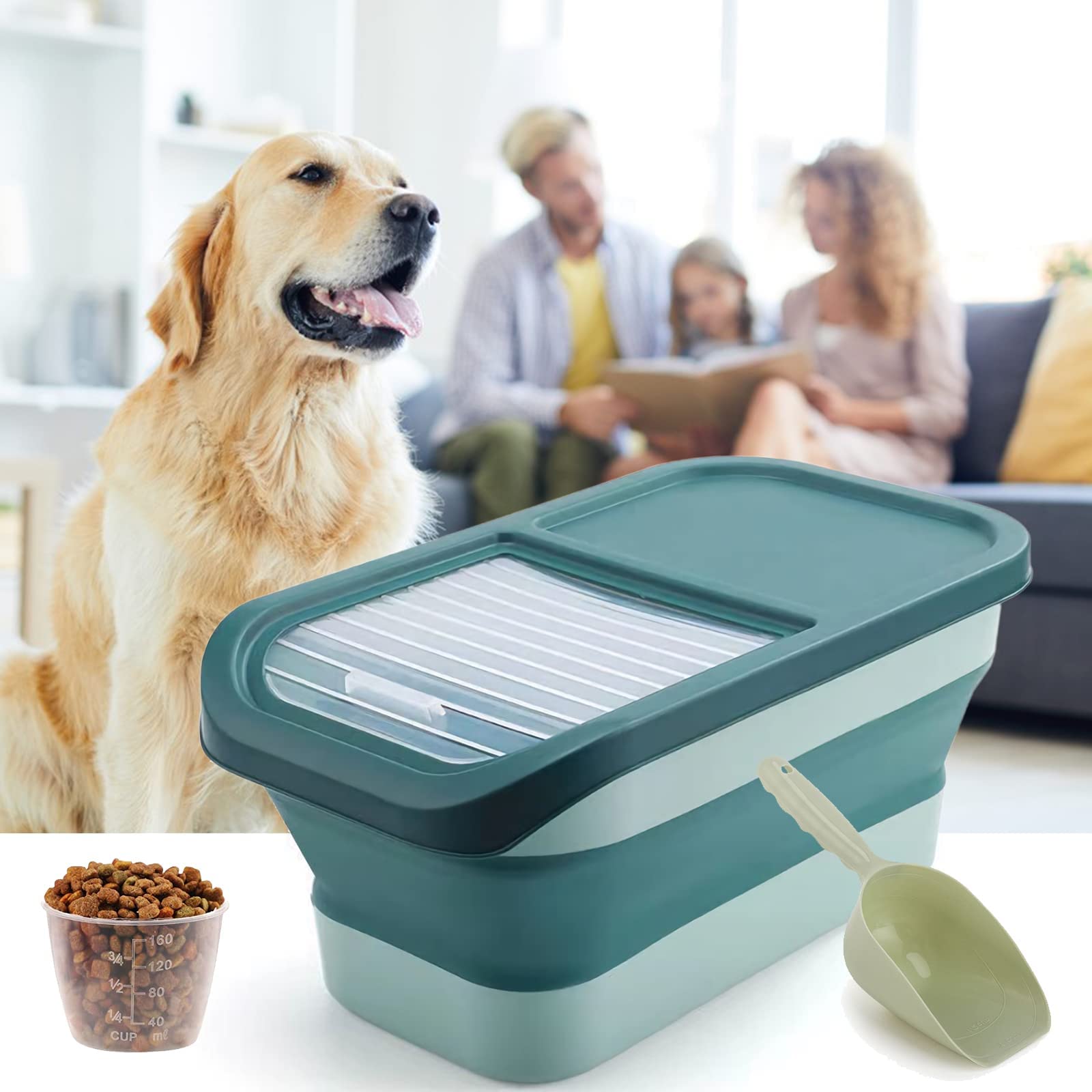 Contenedor Pienso Perro Gato Plegable Cubo Caja Almacenamiento Comida con Pala y Taza Medidora (Verde)