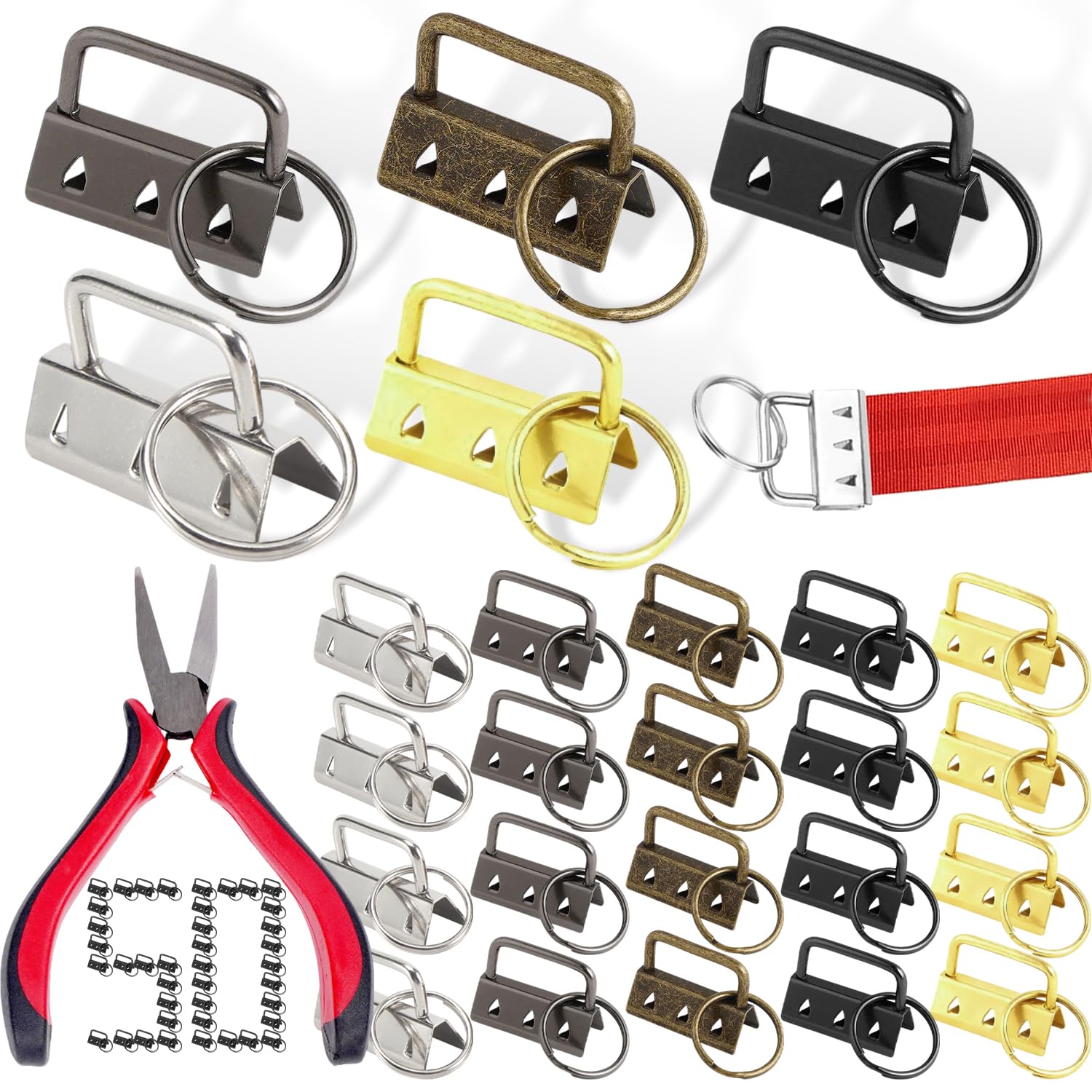 51-Piece Key Fob Hardware Set, Durable Metal Wristlet Hardware with Pliers Tools. Keyring Hardware Clips for Key Fobs, Wristlet Keychains, Key Rings & DIY Craft Projects. (5 Colours)