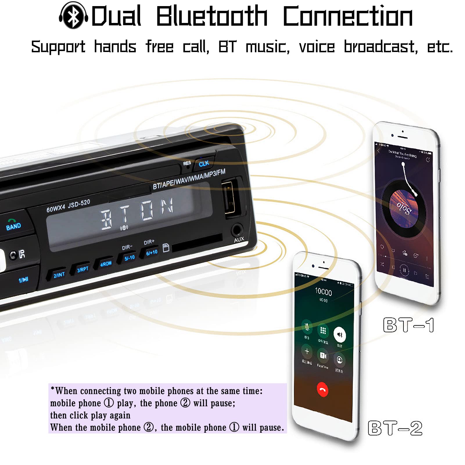 Autoradio, Multimédia Autoradio Bluetooth Audio et Appels Mains Libres, Diffusion Vocale, Double Lecteur BT, Commande Vocale AI, MP3/USB, Radio FM, Prise en Charge de L'enregistrement Audio