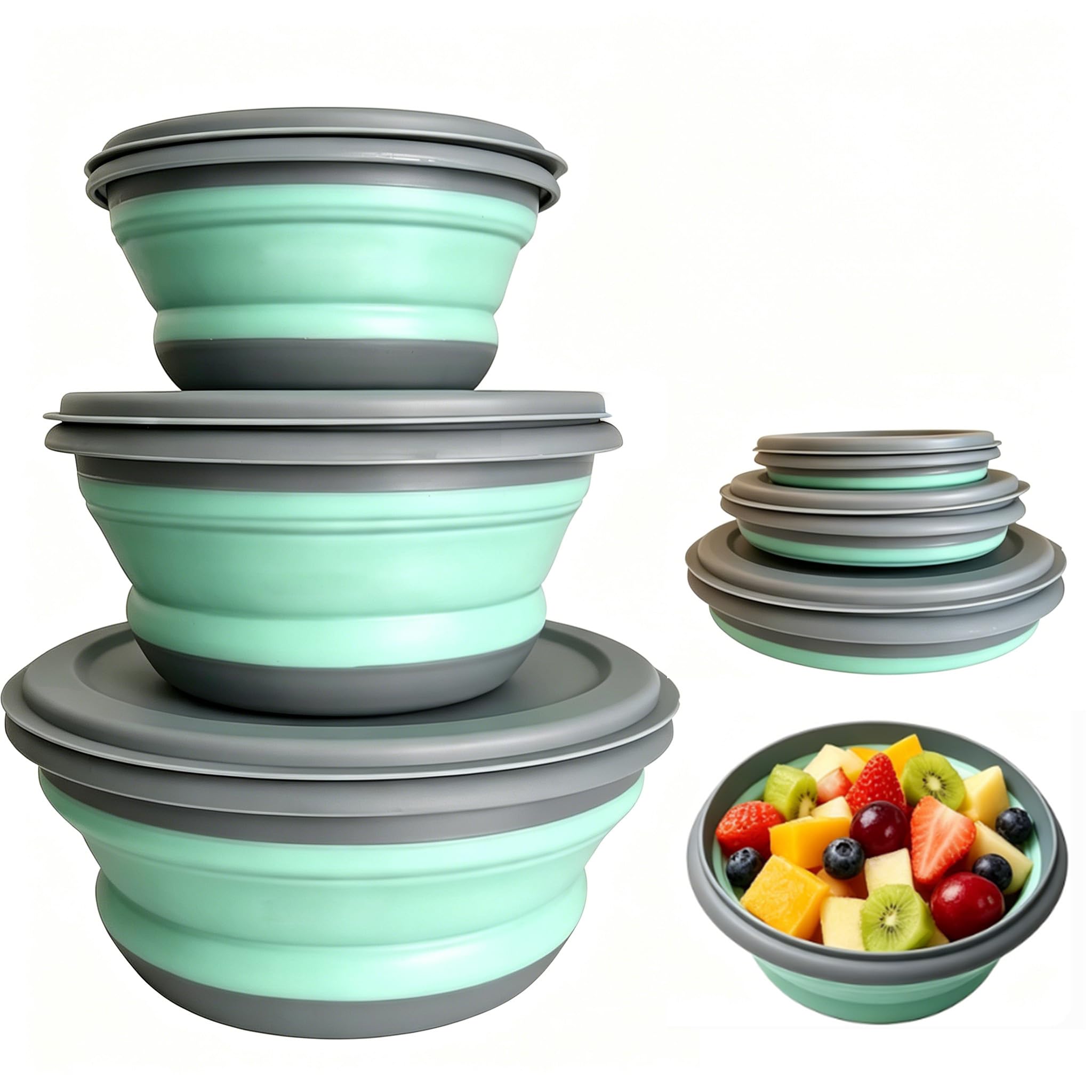 Collapsible Bowl with Lid - 3Pcs Large Silicone Camping Bowl - Foldable Travel Salad Bowl for Hiking, Backpacking & Office Lunch - BPA Free, Space Saving Food Storage Container