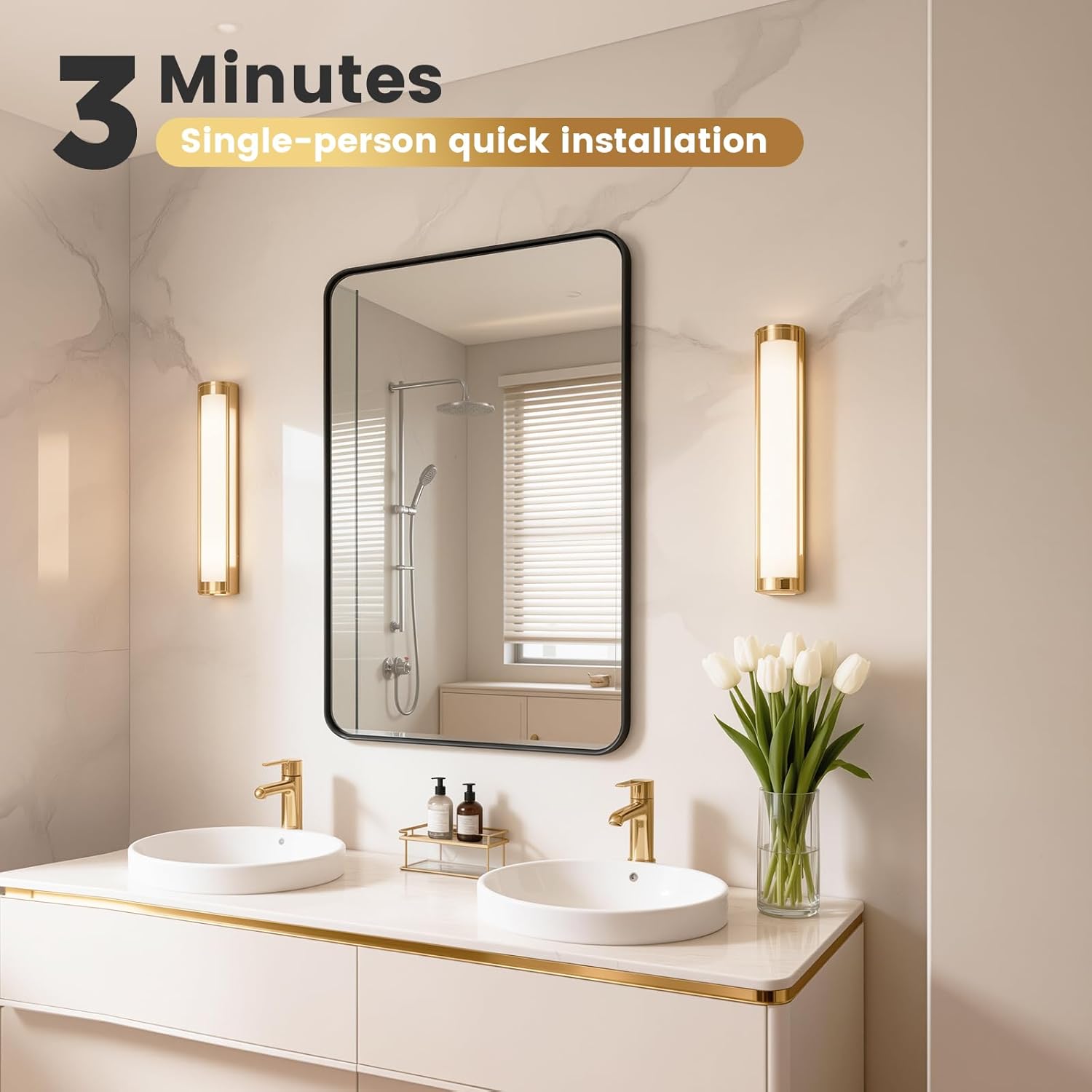 18" x 24" Black Metal Frame Wall Mount Bathroom Mirror Rectangular Round Mirror, Matte Black Vanity Mirror, Farmhouse Style, Hang Horizontally or Vertically