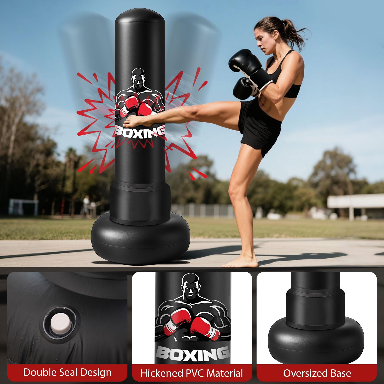 Qoosea Sacco da Boxe per Adulti, 180 cm Stabile Pungiball Adulti Gonfiabile con Guantoni da Boxe, Sacchi da Boxe Gonfiabile per Pratica di Taekwondo Muay Thai Karate MMA Fitness