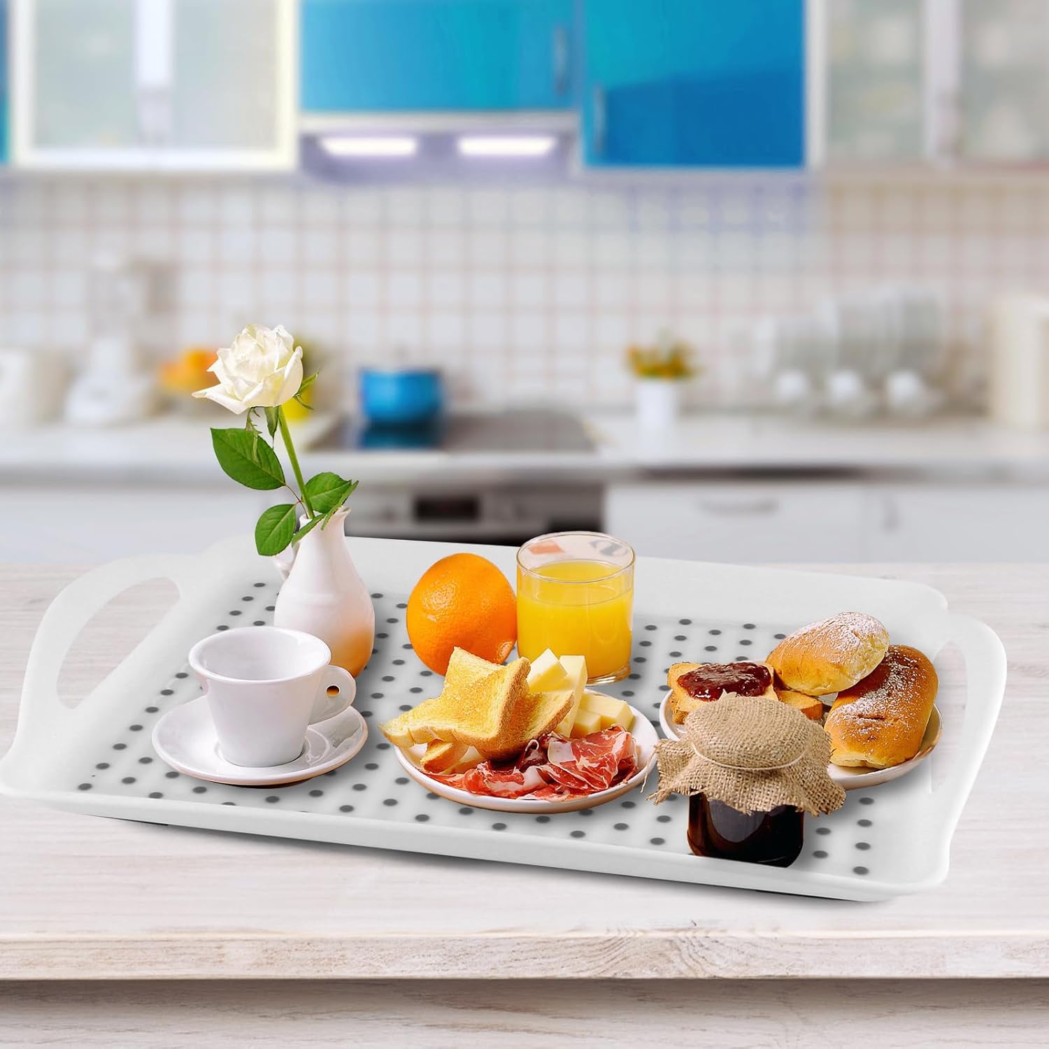 MDLUU Non-Slip Serving Tray with Handles, Food Serving Platter, Set of 2, White - Image 7