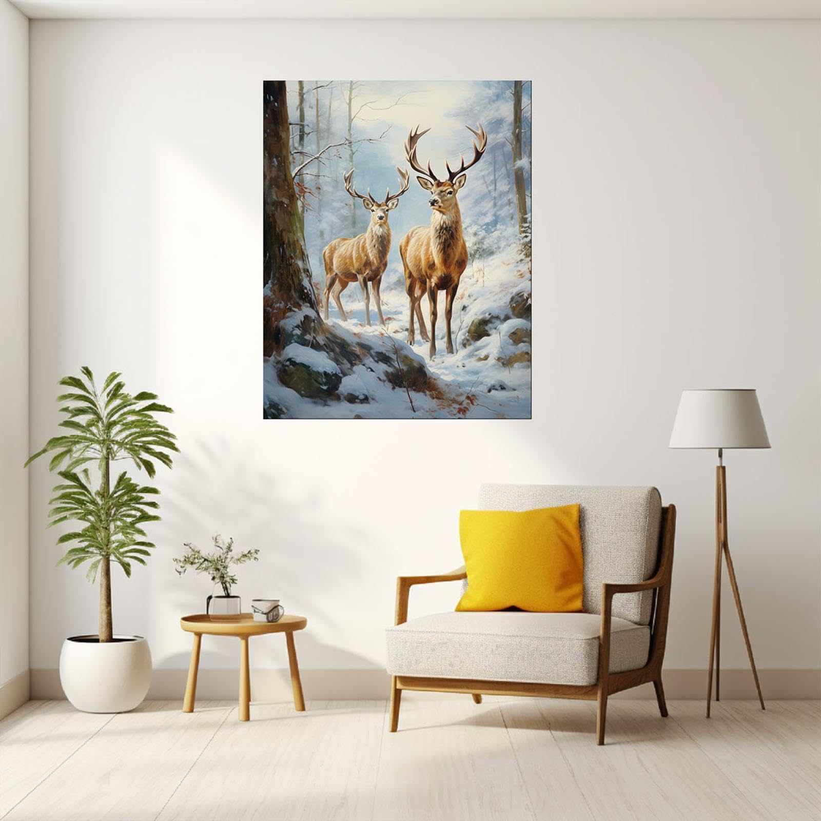 JOSUE Tier LeinwäNde Groß Xxl Wall Decoration Bilder,Hirsche im Winterschneewald Weiss-braun Wandbilder FüR Schlafzimmer BüRo Home Dekorationen-75x115cm Gerahmt