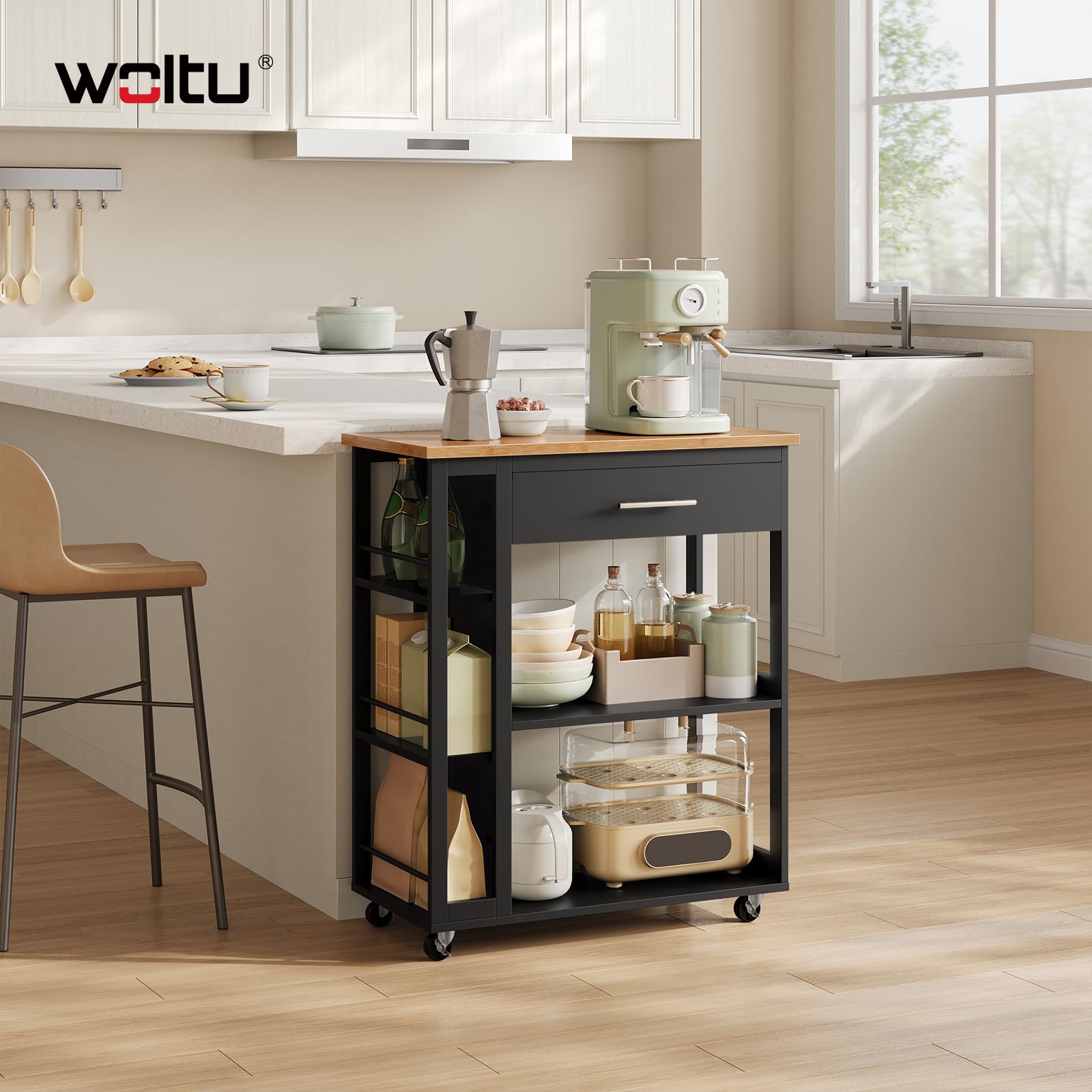 WOLTU Desserte à roulettes, Îlot de Cuisine, Chariot de Rangement avec Plan de Travail, Tiroir et Étagères Ouvertes, pour Salle à Manger/Salle de Bain, 73x38x88cm, Effet de Bambou + Noir, RW051sz