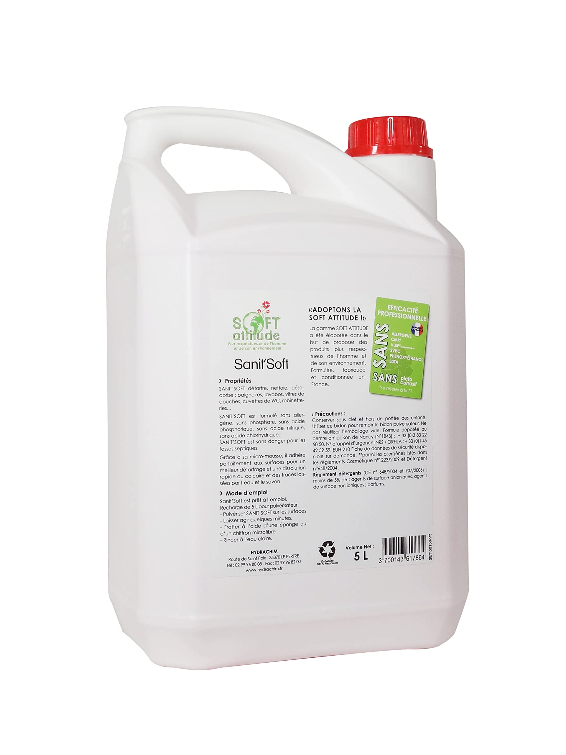 Produits et accessoires de nettoyage - Nettoyant WC - Produit WC - Détartrant Cuvette toilette - Détartrant sanitaires - SANIT'SOFT - Bidon 5 Litres