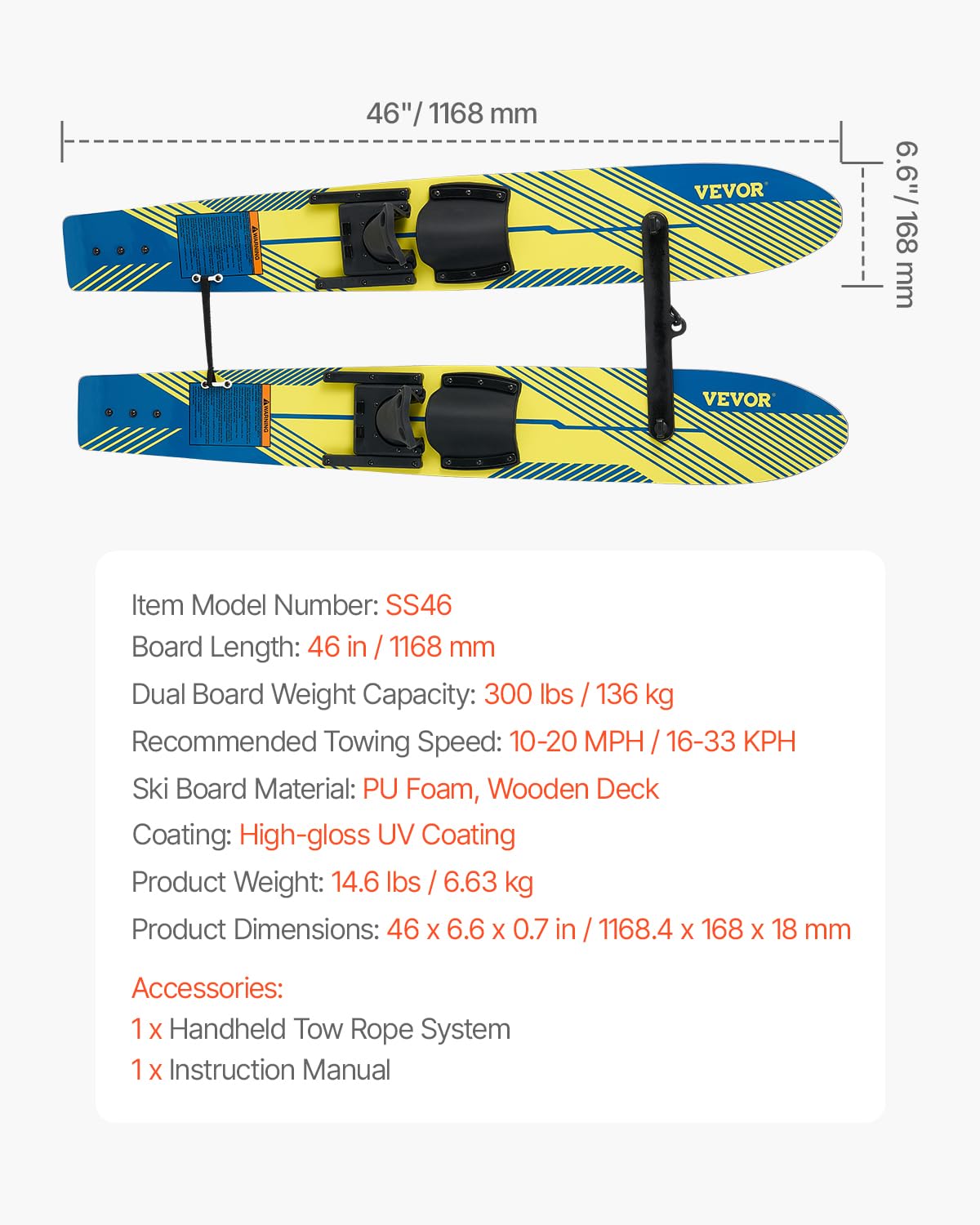 VEVOR Wasserski 116,8 cm Ausbildungsmodell verstellbare X-7-Bindungen Doppelgriffseil Abnehmbare Stabilisierungsstange Jugendliche 136 kg