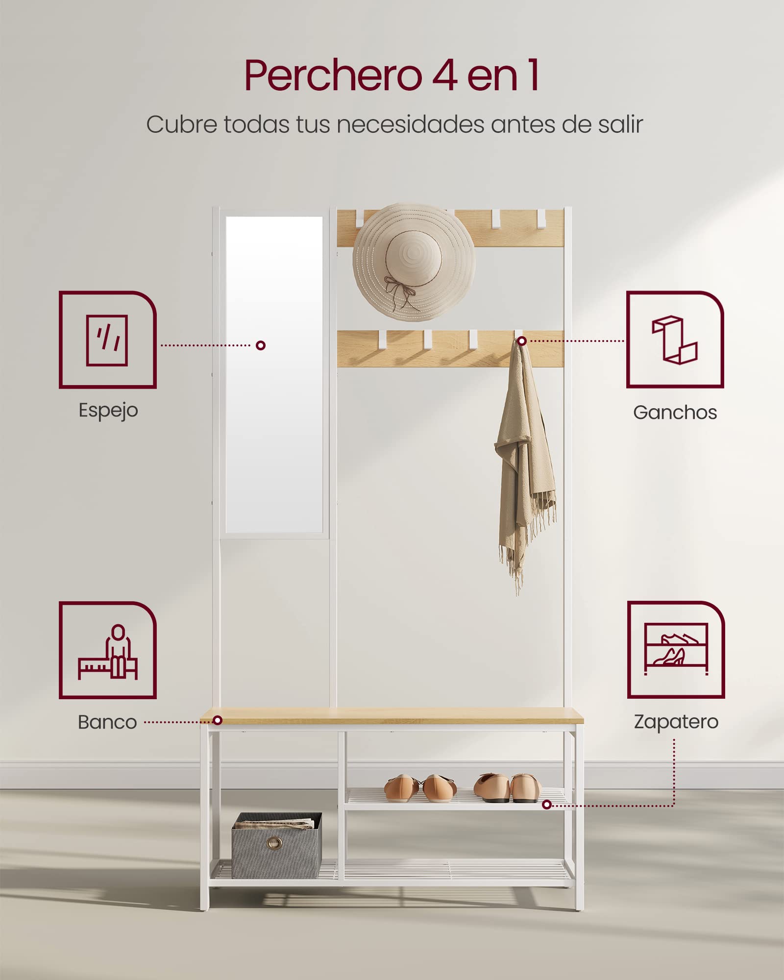 VASAGLE Perchero, Mueble Recibidor con Ganchos, Espejo, Banco Zapatero y Estantes, 36 x 98 x 185 cm, para Pasillo Dormitorio Salón, Roble y Blanco HSR050W09