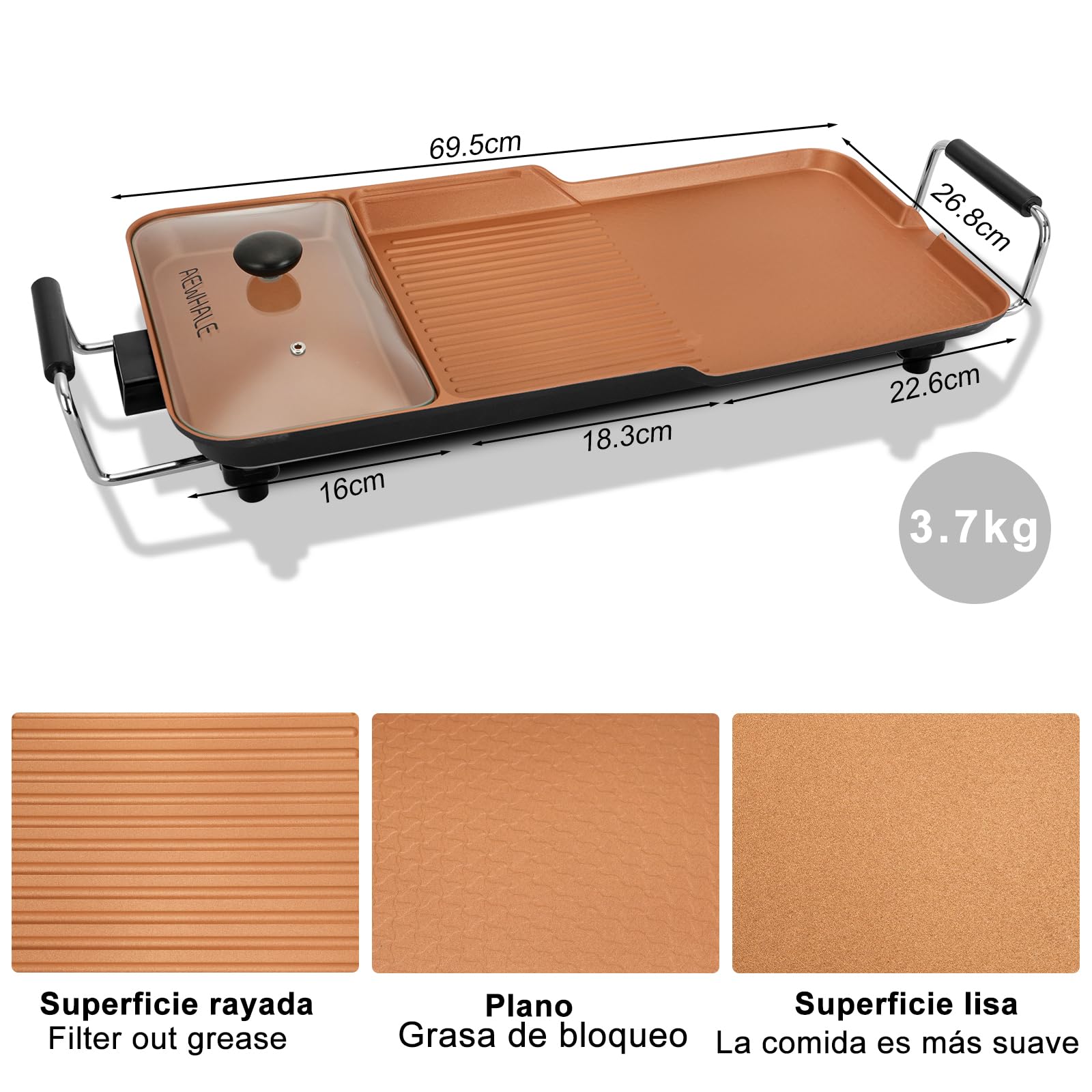 AEWHALE Plancha Eléctrica 3 en 1, 2000 W, Barbacoa Eléctrica Dorado | Adecuado para Uso Tanto en Interiores Como en Exteriores, para 6 Personas, Fácil de Limpiar
