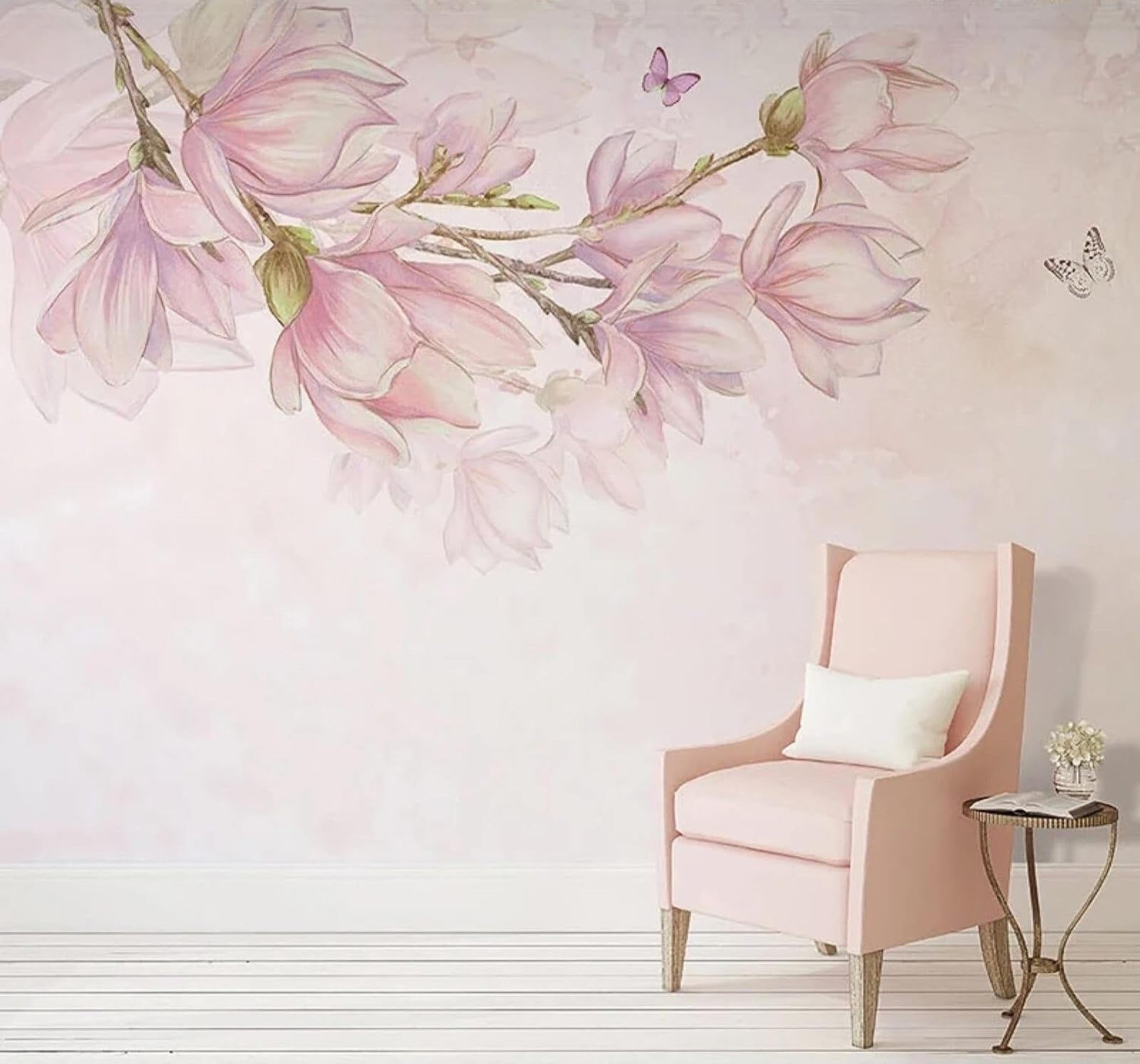 Xlming 150Cm×105Cm(B×H) Beautiful Hand Drawn Pink Magnolia Butterfly 3D Wallpaper Luxury Home Dining Decor Paste Sofa Living Room The Wall For Bedroom Mural-150Cm×105Cm