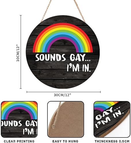 Miniatura 2 de Letrero de bienvenida con texto en inglés Pride Rainbow, redondo, de madera, con sonidos retro, con texto en inglés Gay I'm in Sign, decoración de