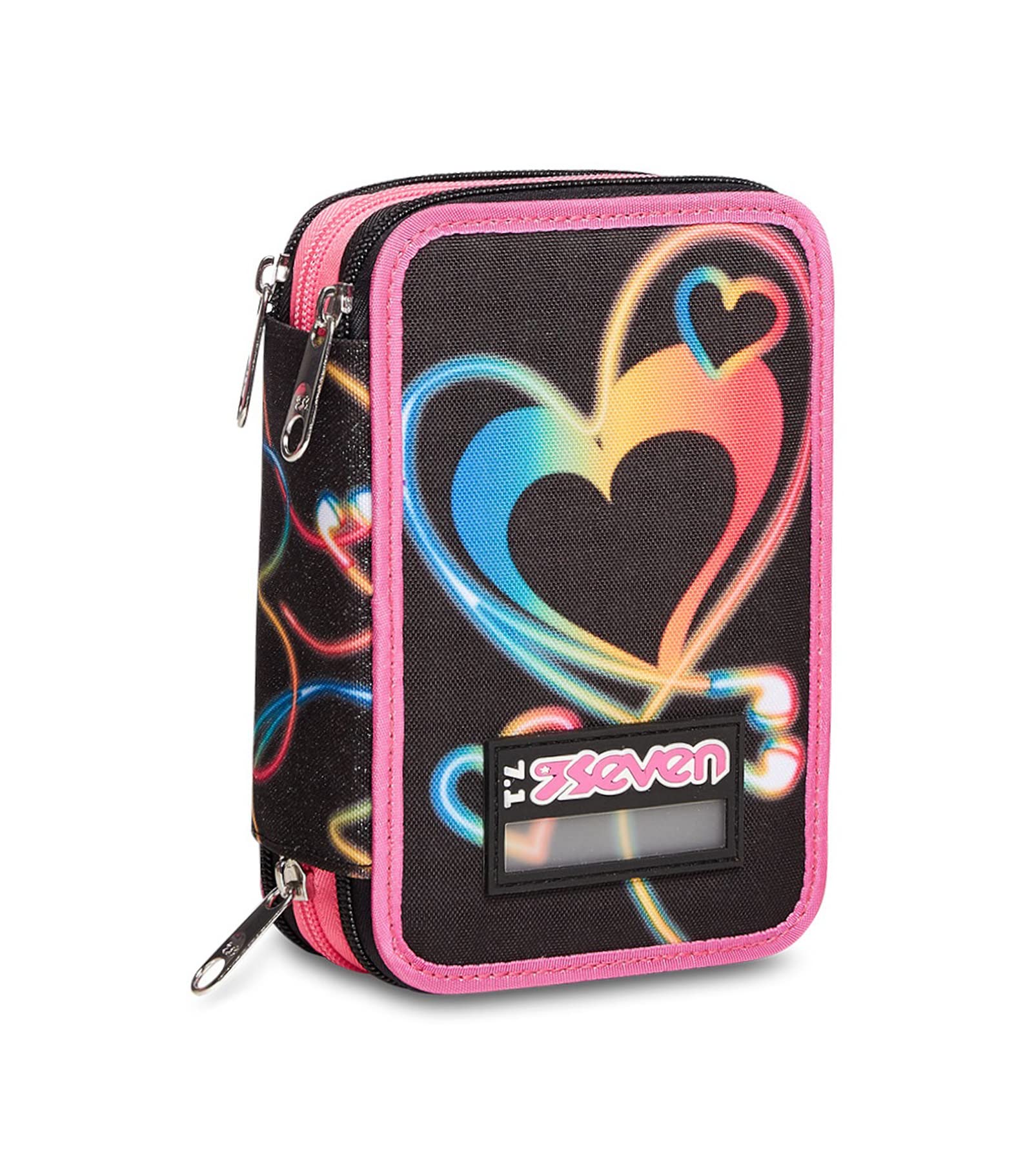 Astuccio Scuola Seven 3 Scomparti - Yourself Girl Ragazza - Completo di Matite, Pennarelli - Nero, Rosa
