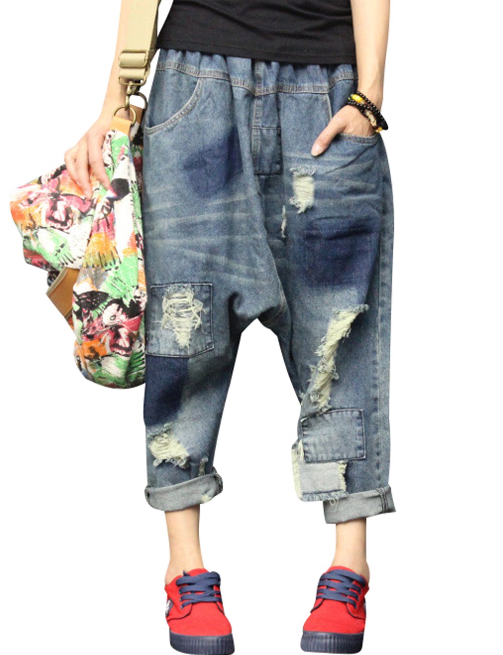 Women's Elastic Waist Harem Pants Drop Crotch Ripped Jeans Style 5