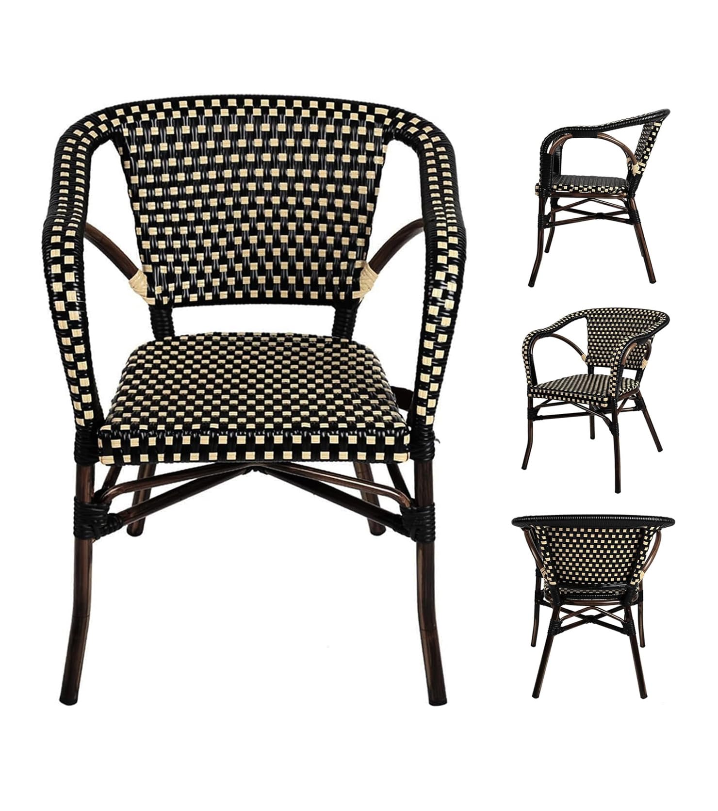 LUCKYERMORE Wicker Bistro Chairs Set of 4, Outdoor Rattan Dining Chair with Aluminum Frame, Stackable Patio Dining Chair for Backyard Porch Garden, Black/Cream