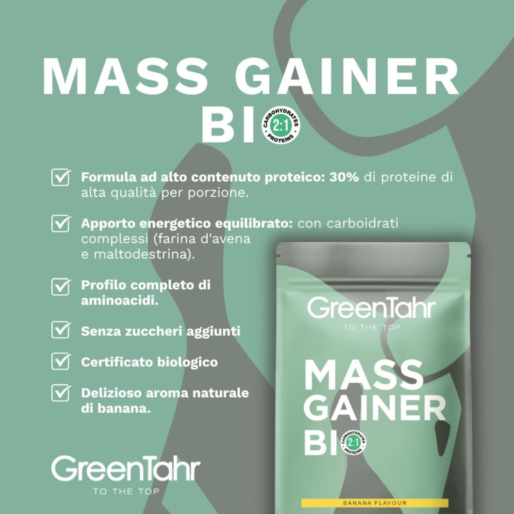 Green Tahr Mass Gainer Vegano Bio. Integratore Carboidrati e Proteine in Polvere per Aumentare Massa Muscolare. Senza Glutine, con Maltodestrine e Vegan Protein. Gusto Banana. 17 Dosi, 1,2 Kg