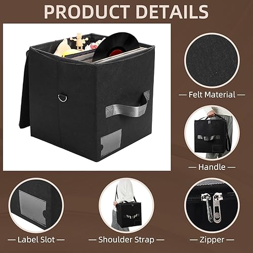 Miniatura 3 de Rasugarlary Caja de almacenamiento de discos de vinilo con capacidad para más de 50 discos con tapa para proteger álbumes, organizador de