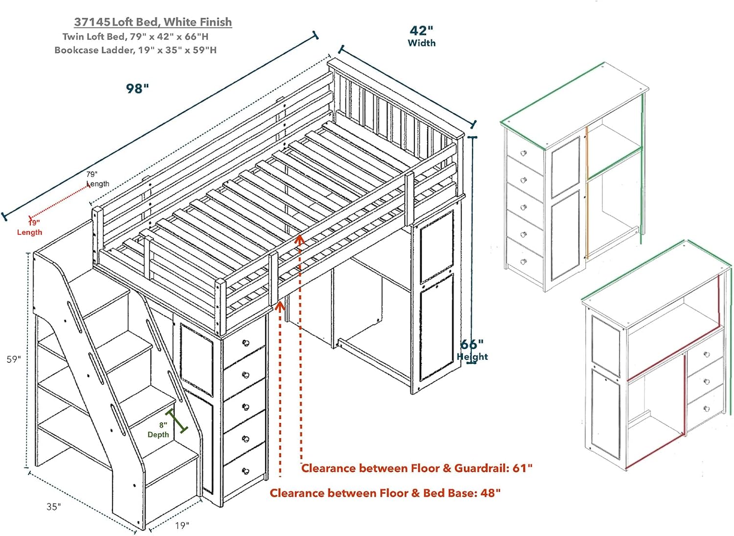 Bedroom Furniture Bed Frame,Classic Platform Upholstered Bunk Loft with Slide Ladder Frame Mattress Foundation No Box Spring Needed for Bedroom (White T/T Bunk Bed) (White Loft Bed & Ladder)