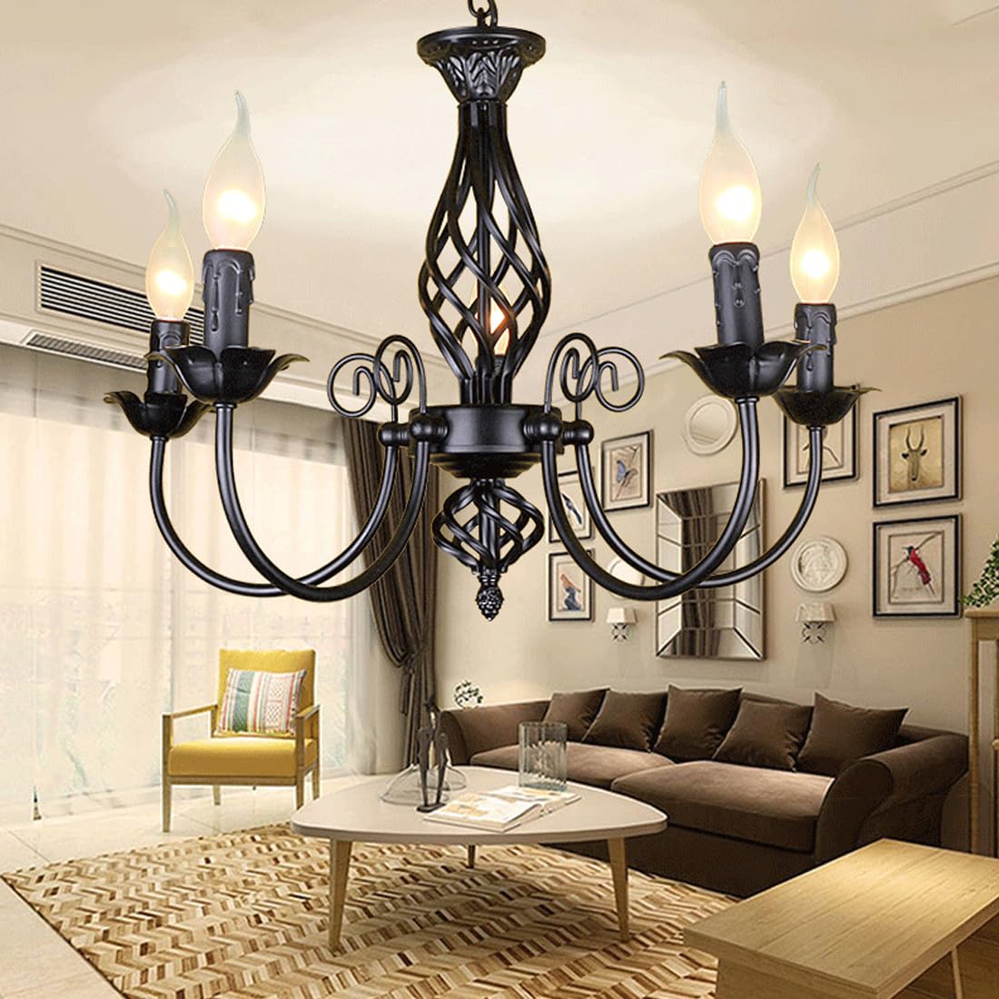 Esszimmer Lampe Klassisch Antik Kerze Pendelleuchte Kronleuchter LED Vintage Schwarz Metall Eisen Wohnzimmer Hängelampe Retro Industrielle Rustikal E14 Decke Strahler Restaurant Küche Verstellbar 54cm