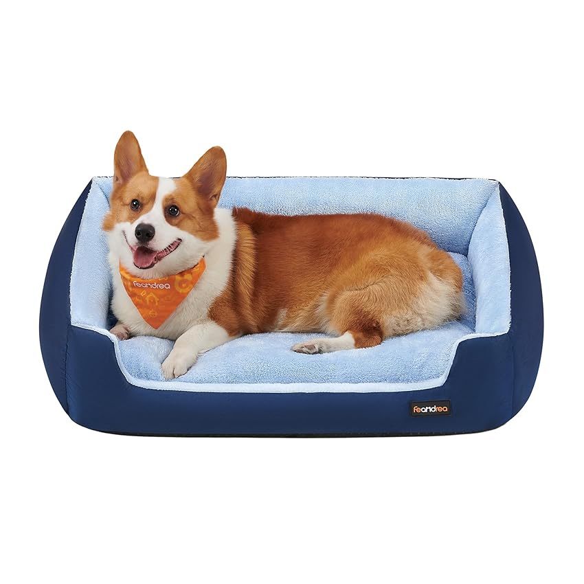 Feandrea Cuccia Cane Interno, Cuccia per Cani e Animale Domestico, Tappeto Rimovibile e Reversibile, Bordi Rialzati, Fondo Antiscivolo, L, 85 x 65 x 21 cm, Blu Carbone e Blu Pallido PGW004Q01