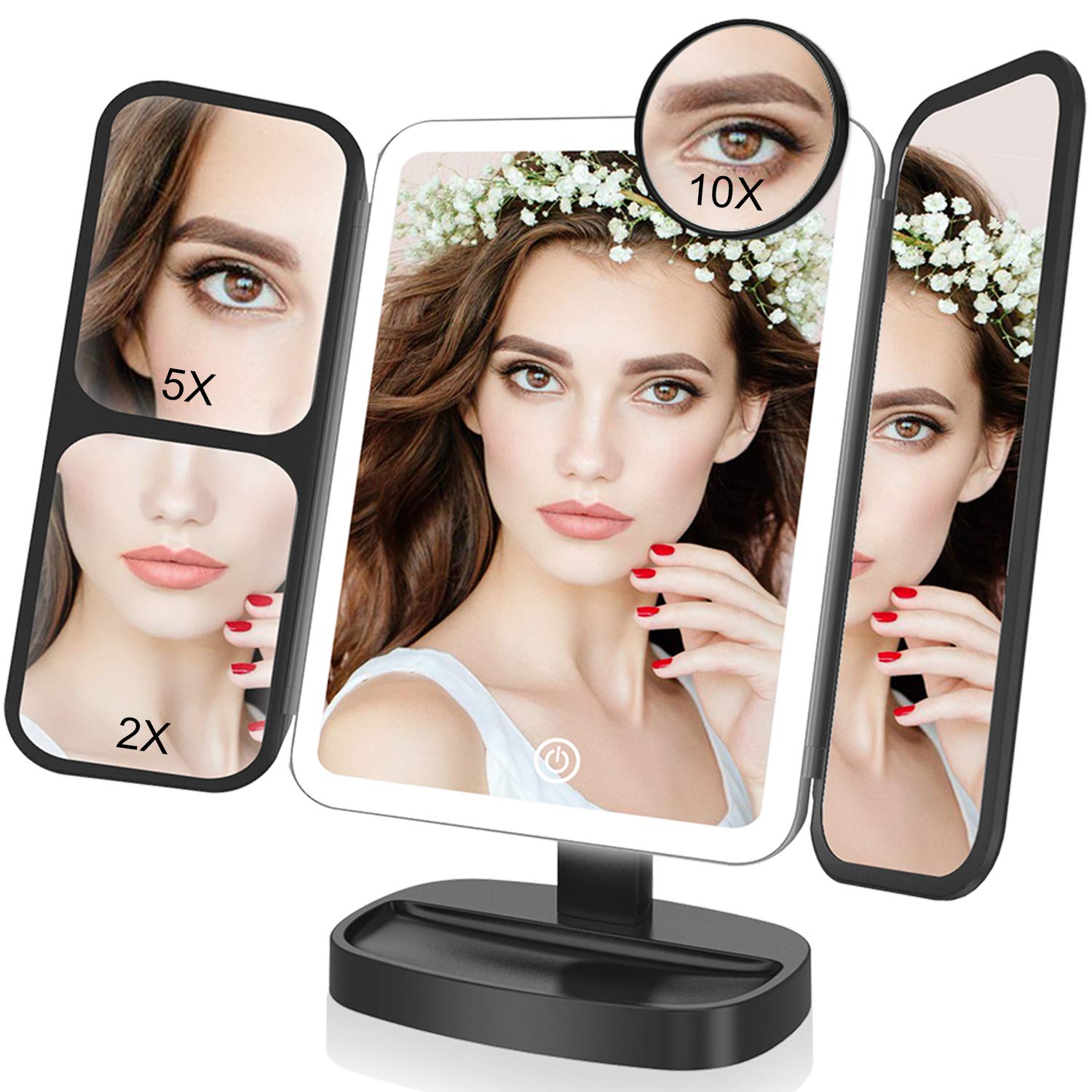 Easehold Led Lighted Vanity Mirror Make Up Tri-Fold with 21Pcs Lights 180 Degree Free Rotation Table Countertop Cosmetic Bathroom Mirror(Black)