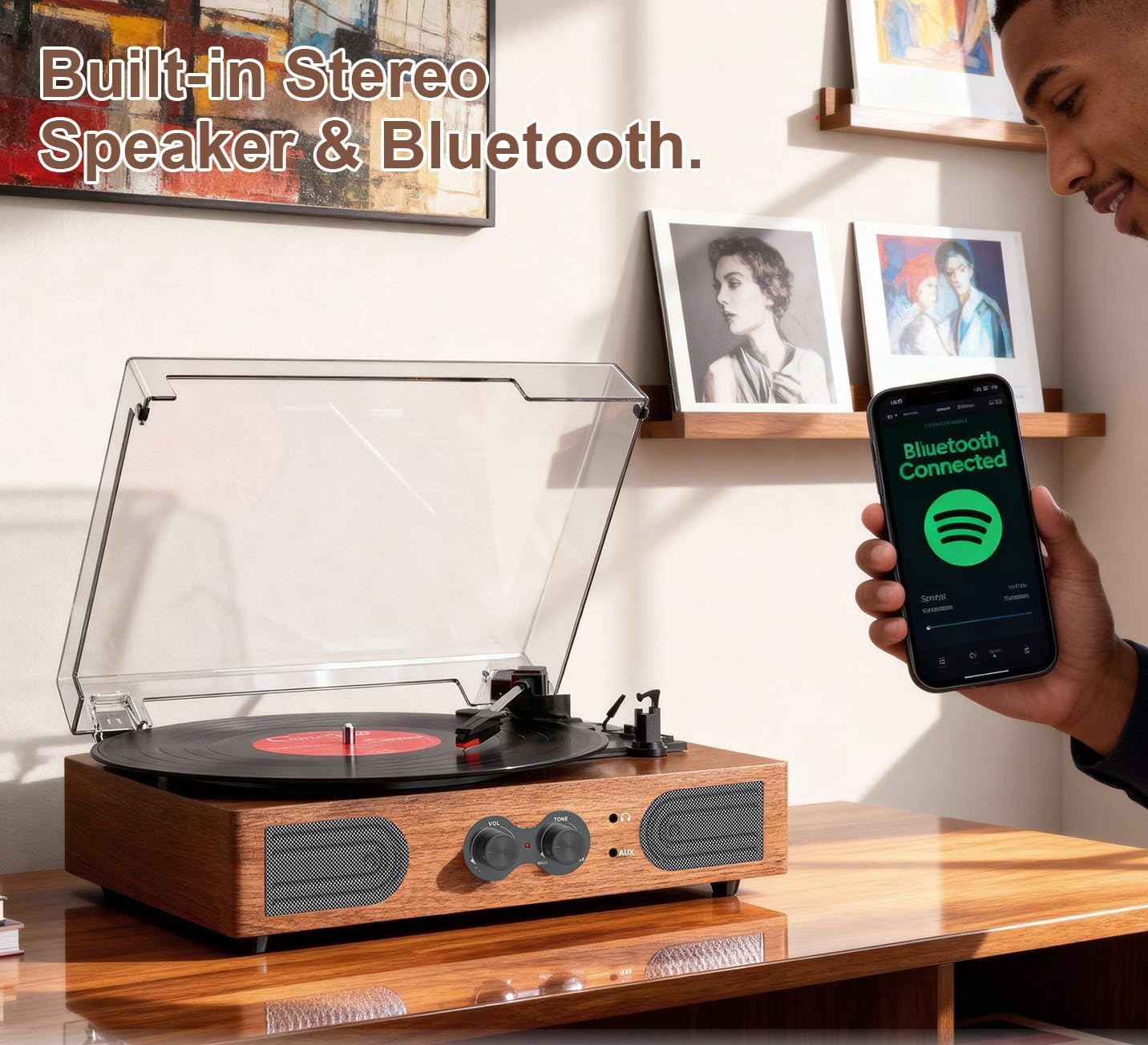 Vinyl Record Player with Walnut Finish, 3-Speed Belt-Drive Turntable with Built-in Speakers, Easy Setup Record Player for Beginners, RCA/AUX/Headphone Jack, Classic Home Audio GIF
