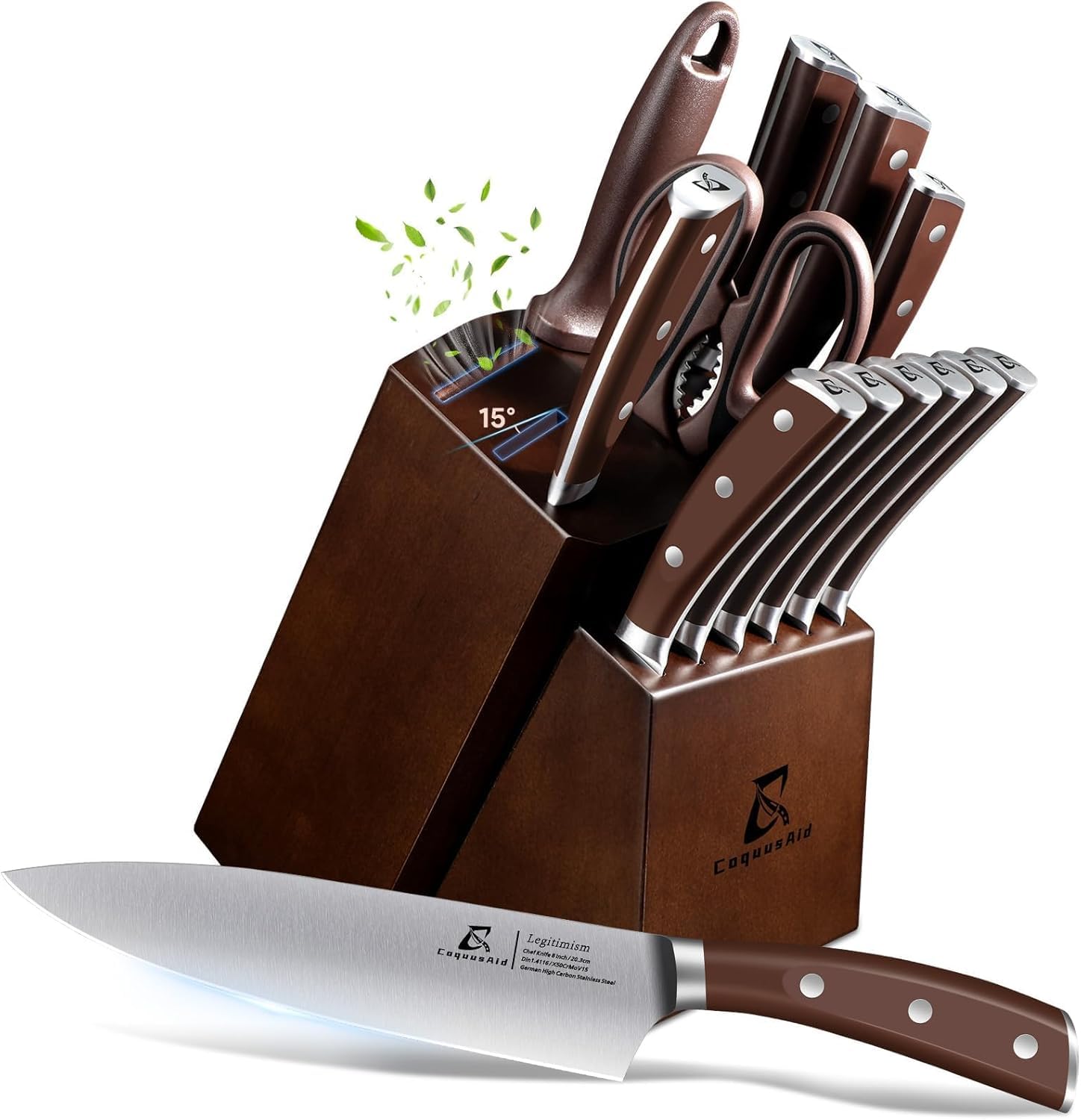 CoquusAid Knife Set, 15 PCS Kitchen Knife Block Sets with Sharpener, 6 Steak Knife Set Serrated with Block, Forged German Stainless Steel Rust Proof Knives, Dishwasher Safe, New Beveled Design, Brown