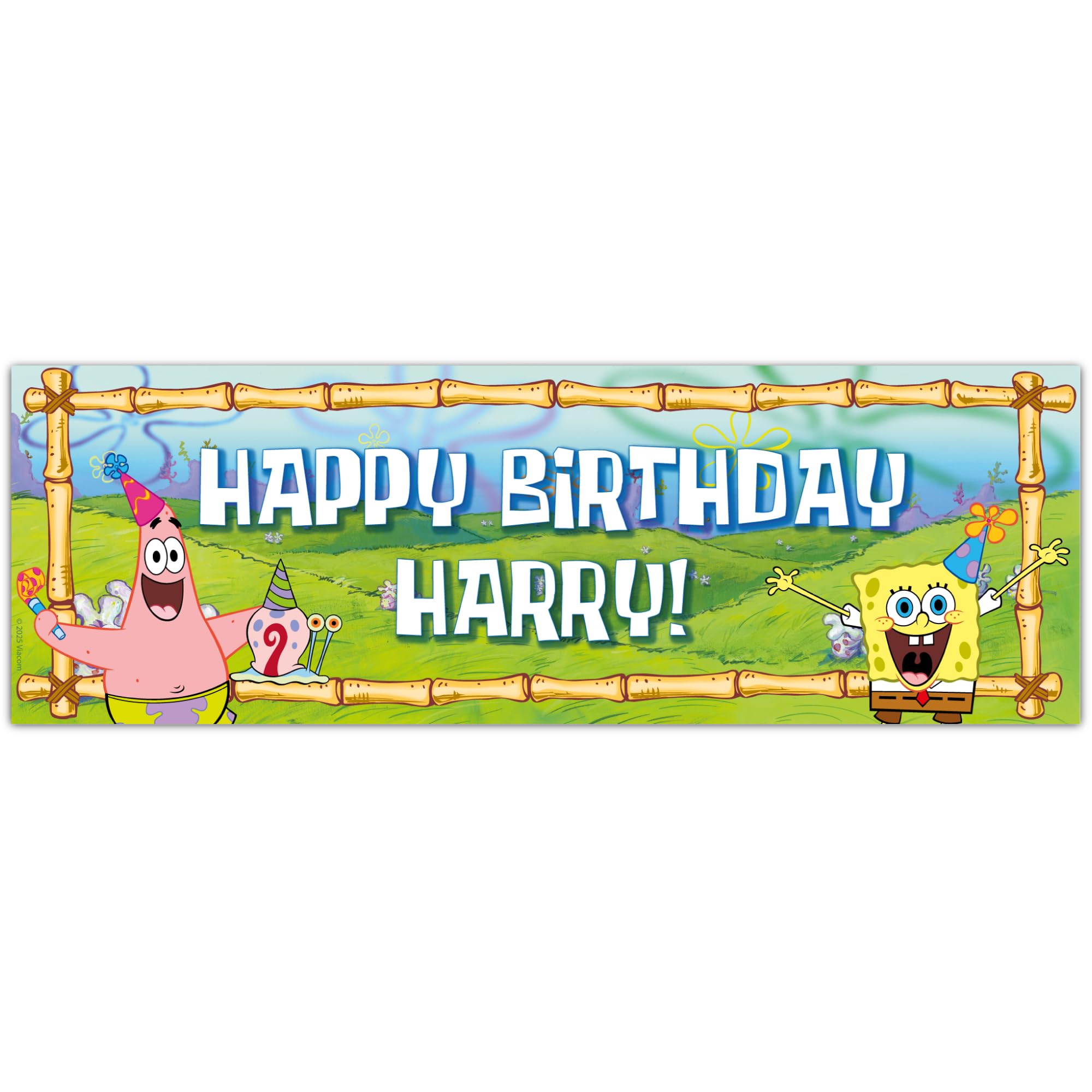SpongeBob Birthday - SpongeBob Patrick And Gary Party Hats Personalised Banner Wall Sticker (120cm width x 40cm height)