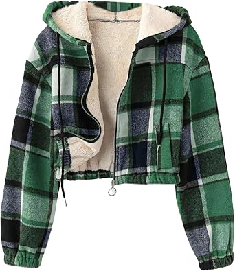 Fleece Lined Cropped Flannel Jacket for Women Full Zipper Sherpa Short Warm Winter Plaid Coat with Hooded Casual