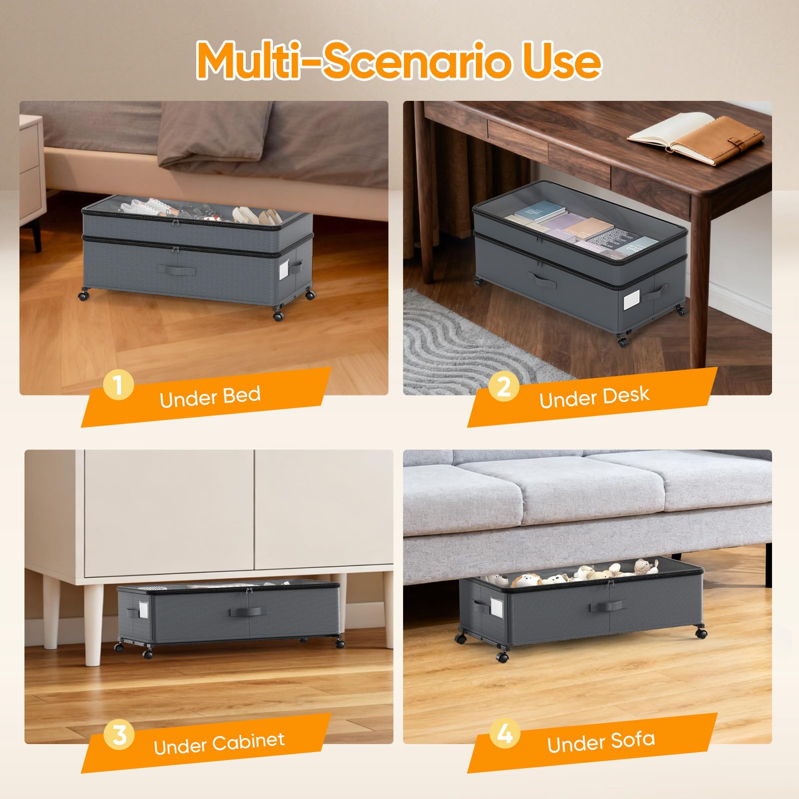 Contenitore sotto il letto con ruote, confezione da 2 contenitori scalabili sotto il letto con coperchi, organizer per scarpe sotto il letto, cassetti per vestiti, scarpe, giocattoli, ecc