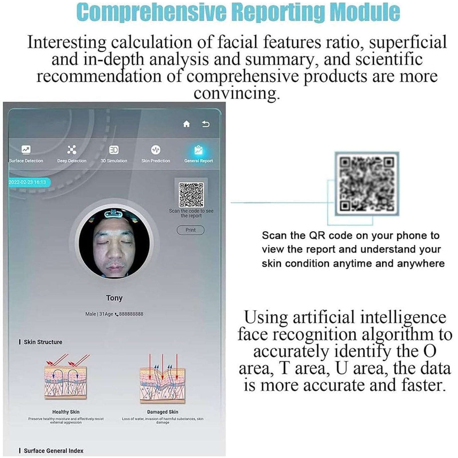 Análisis De Piel Facial, Analizador De Piel De Inteligencia Artificial 3D,Con Pantalla Lcd,Detección 14 Elementos/Comparación Datos/8 Espectro,Adecuado Parasalones Belleza,White-21.5in