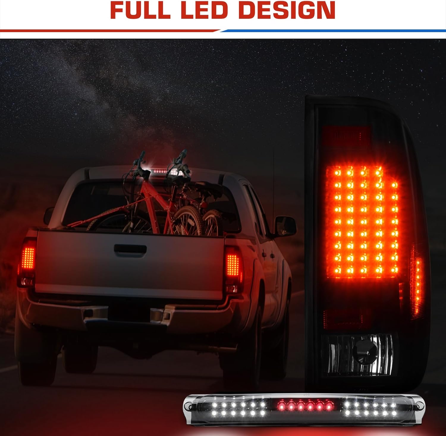 (3 Pack) LED Tail Light Assembly+3rd Brake Light Fits for 1997-2003 Ford F150, 2004 F150 Heritage, Taillights w/High Mount Stop Light, Black Housing Smoke Lens, Only Fit Factory Incandescent Models