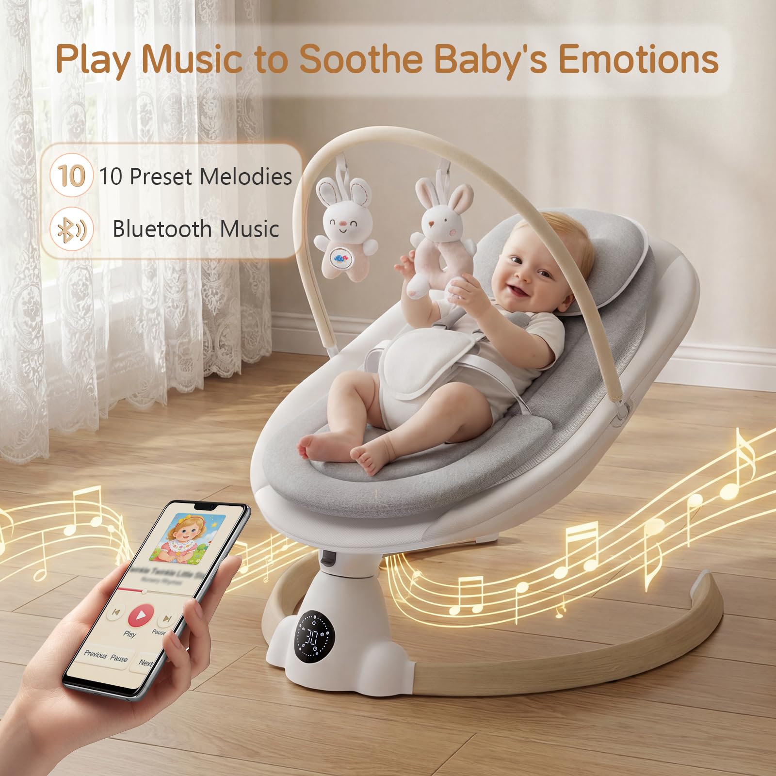 Baby Bouncer, Portable Electric Baby Swing with Bluetooth, 5 Swing Speed, 10 Lullabies, 5-Point Harness, Remote Control & Touch Panel - Bouncer from Birth for Indoor & Outdoor Use (Wood Grain) — view 5