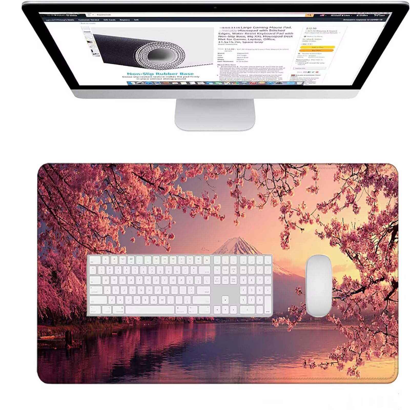 Różowa podkładka pod mysz XXL, 1600 x 800 x 3 mm, duża podkładka pod mysz dla graczy, wulkan, Fuji, z przyszytymi krawędziami, wodoszczelna, antypoślizgowa podkładka pod mysz, PC, laptop, poprawia