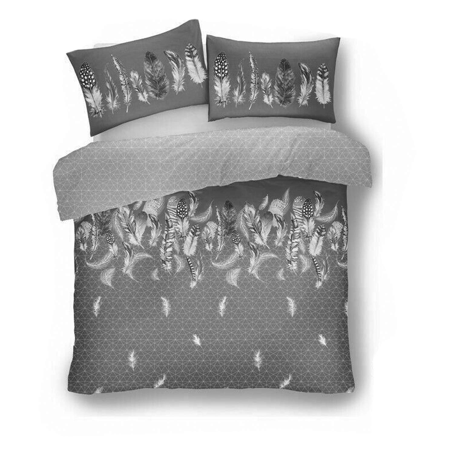 FAIRWAYUK Feathers Grey Duvet Cover Set Super Soft With Pillow Cases Quilt Reversible Poly-cotton, Easycare, king