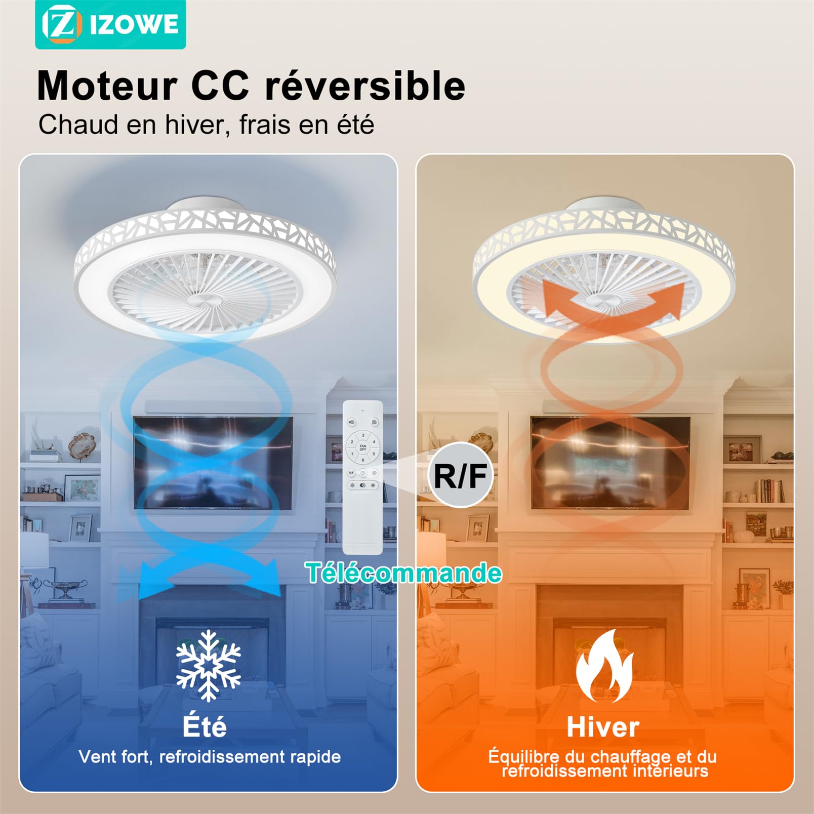 Ventilateur Plafond Moderne 48cm, Plafonnier Ventilateur avec Lumière LED Dimmable 3 Couleur 40W, 6 Vitesses Réversible Ventilateur de Plafond avec Télécommande Intelligent Timer, Chambre Salon