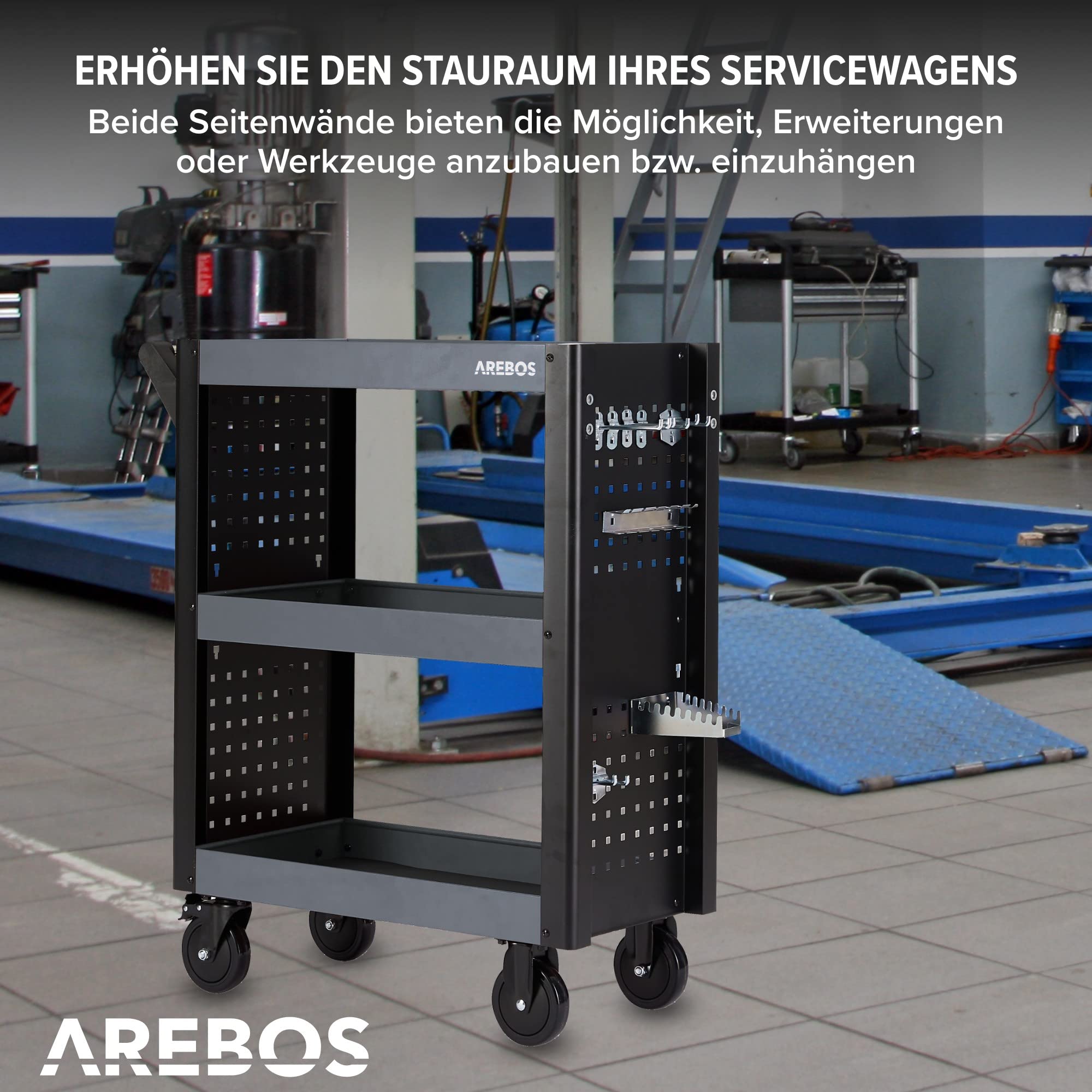 Arebos Servicewagen 3 Fächer | Werkstattwagen | Werkzeugwagen | Rollwagen für Transport und Lagerung | Multifunktionaler Etagenwagen | Allzweckwagen | 18-teiliges Hakenset | Anthrazit/Schwarz